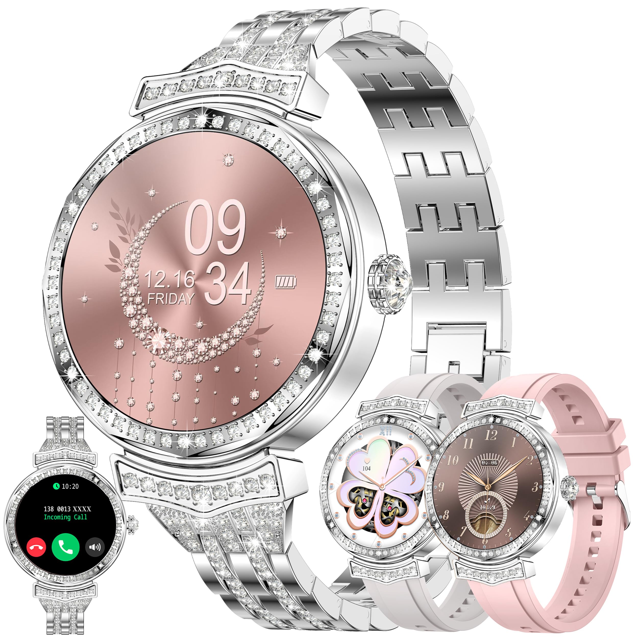 Reloj Inteligente Mujer con Llamadas, 1,32” AMOLED 5ATM Smartwatch Deportivo con Podometro Pulsometro SpO2 Sueño Presion Arterial Pulsera Actividad 5ATM Reloj para iOS Android, 3 Correas (plateado)