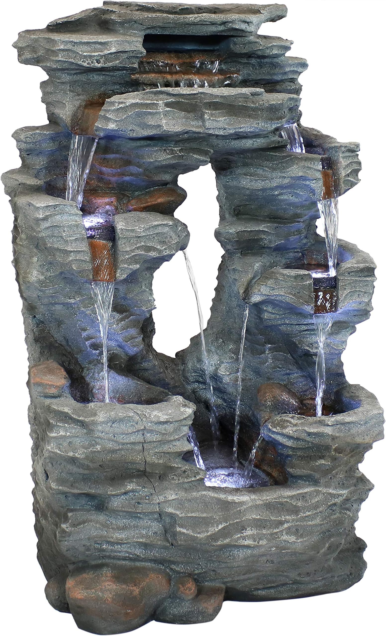 Sunnydaze Dual Cascading Rock Falls Water Fountain with LED Lights