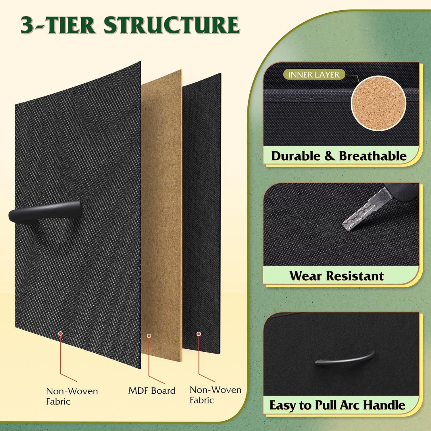 3-tier structure of fabric drawers for durability