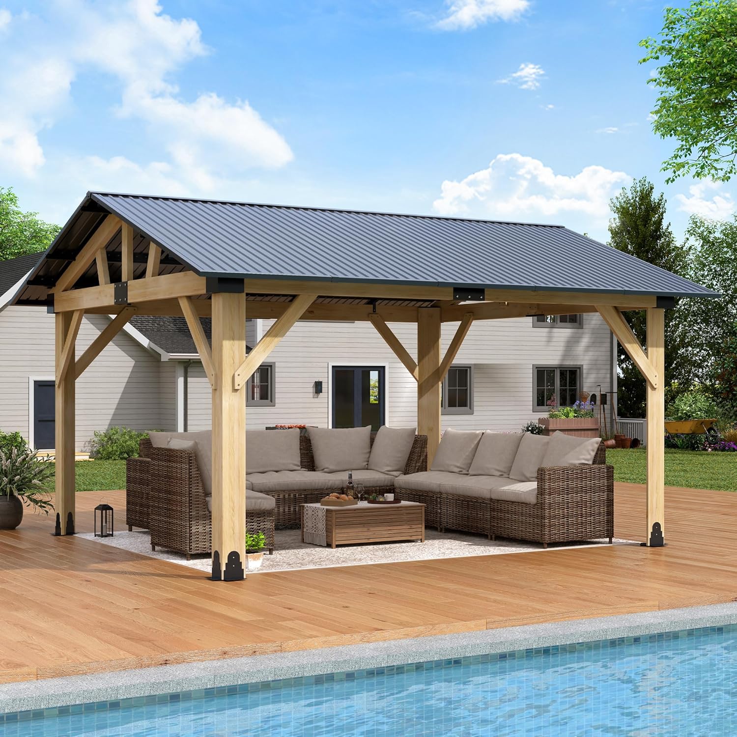 Raysfung 12x14 Wood Gazebo with outdoor lounge furniture by a pool.