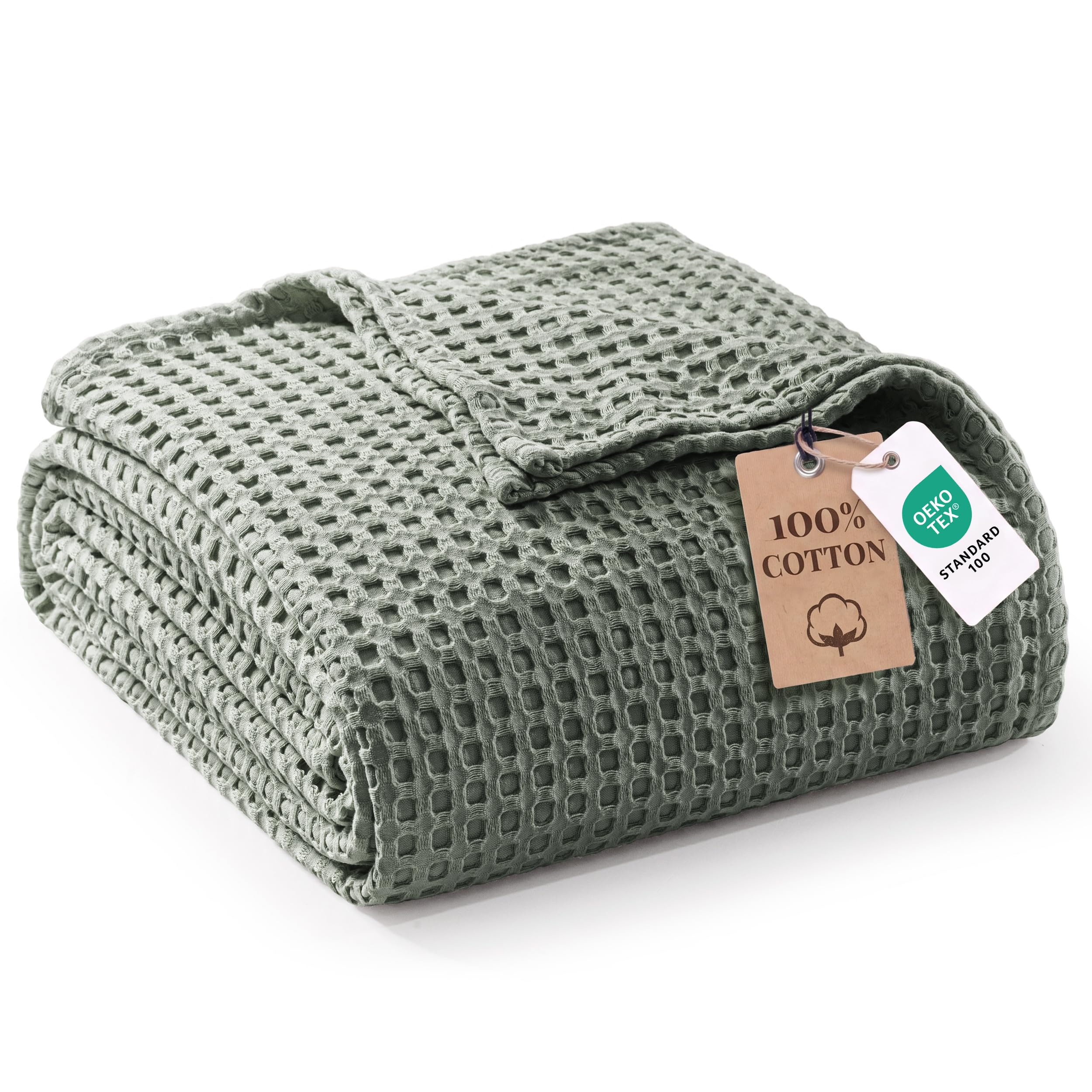 Exclusivo Mezcla Manta para Cama de Verano de 100% Algodón, Manta para Sofá de Gofre, Colcha Multiusos Ligera y Transpirable, Lavable a Máquina y Secable, 230 x 270 cm, Verde-Gris