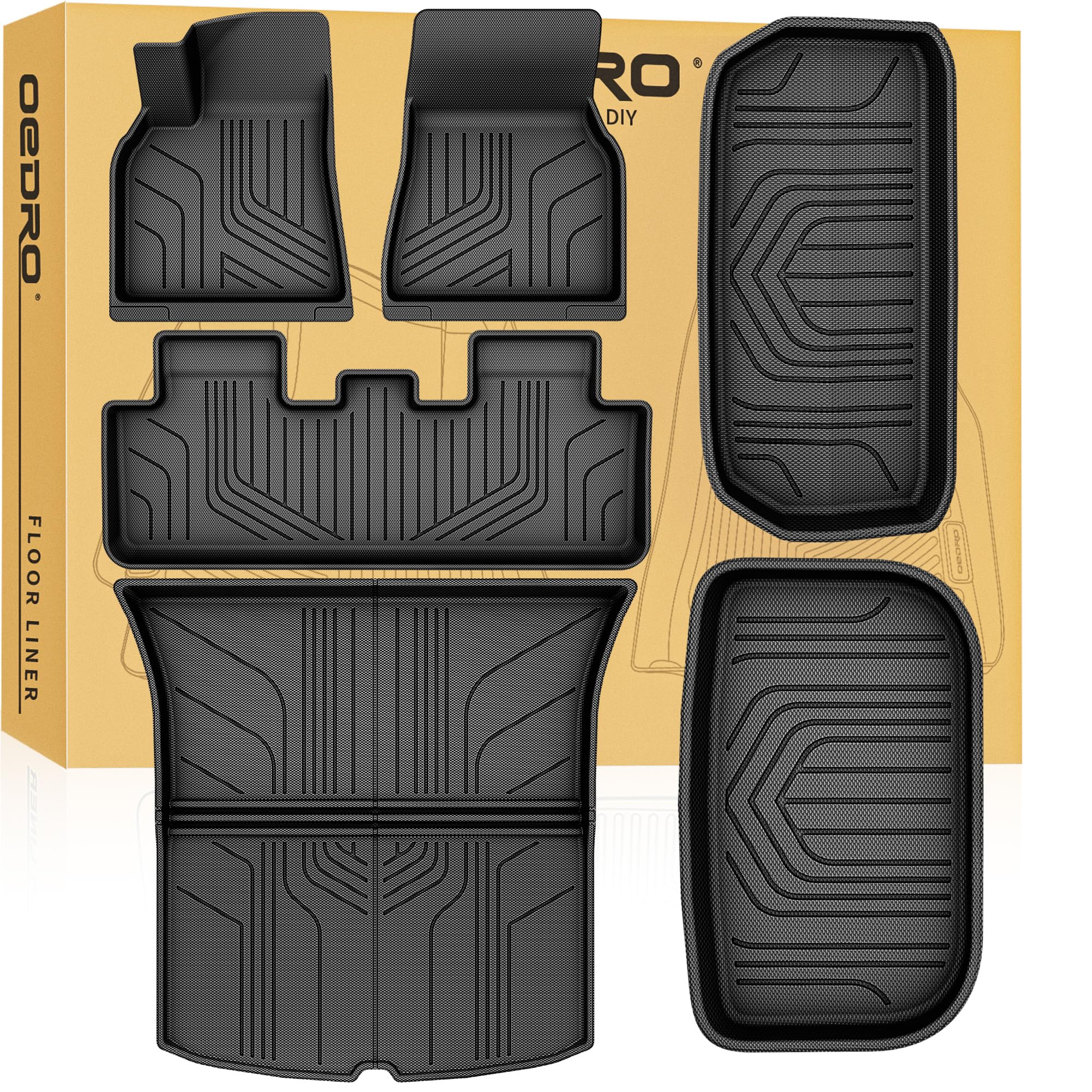 OEDRO Floor Mats Fits for Tesla Model Y 5-Seater 2024-2020 Custom Fit All Weather TPE Automotive Interior Cargo Liners Trunk Mats Accessories for Model Y (NOT for Model Y Juniper) 6 Pcs Mats Set