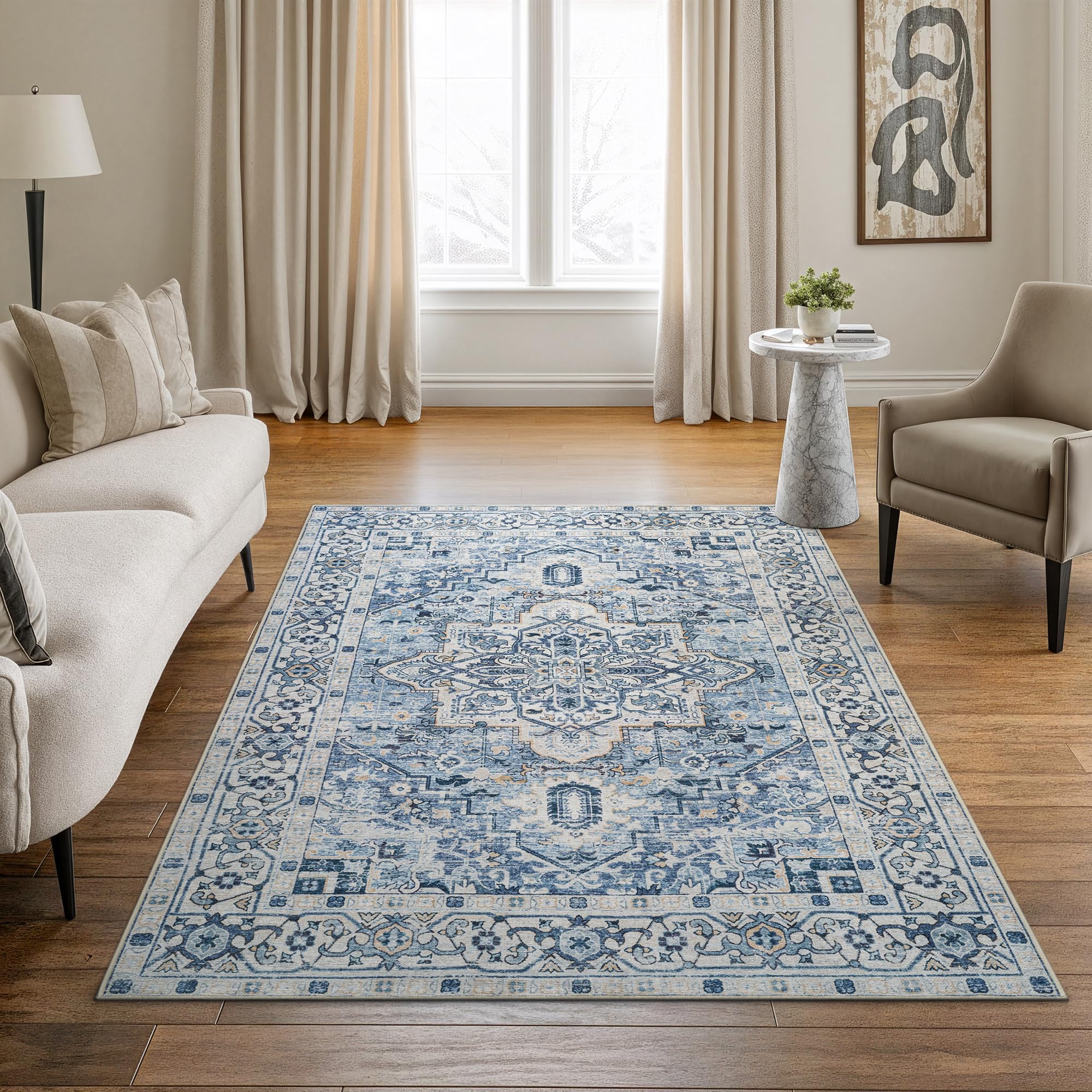 Bloom Rugs Caria Washable Non-Slip 5x7 Rug - Navy Blue Traditional Area Rug for Living Room, Bedroom, Dining Room, and Kitchen - Exact Size: 5' x 7'