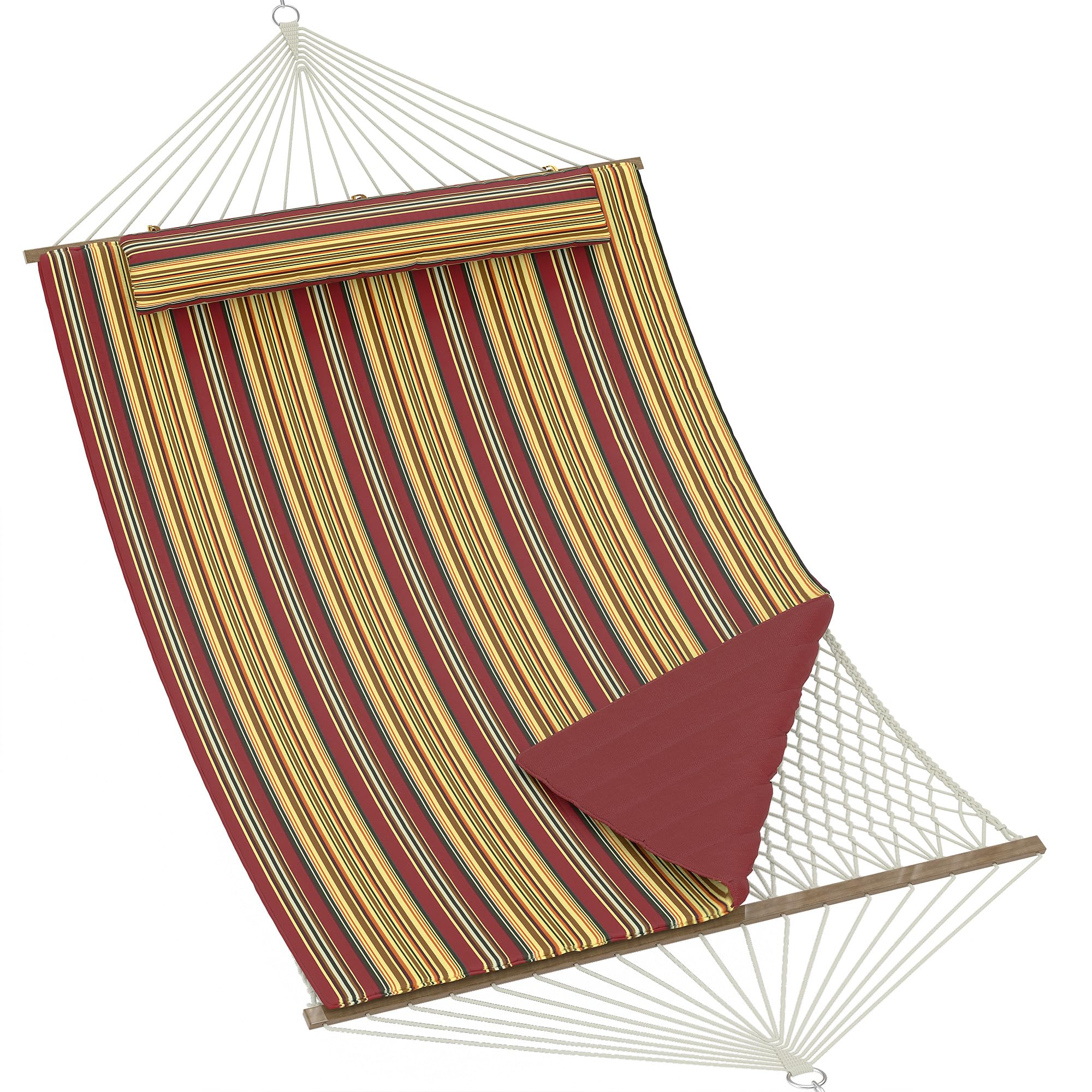 Double Quilted Hammock for 2 with Hardwood Spreader Bars – Detachable Pillow – Side Storage Pockets – Heavy Duty 450lbs Capacity – Patio Portable Swing Bed with Chains – Red-Yellow Stripe, 350cm