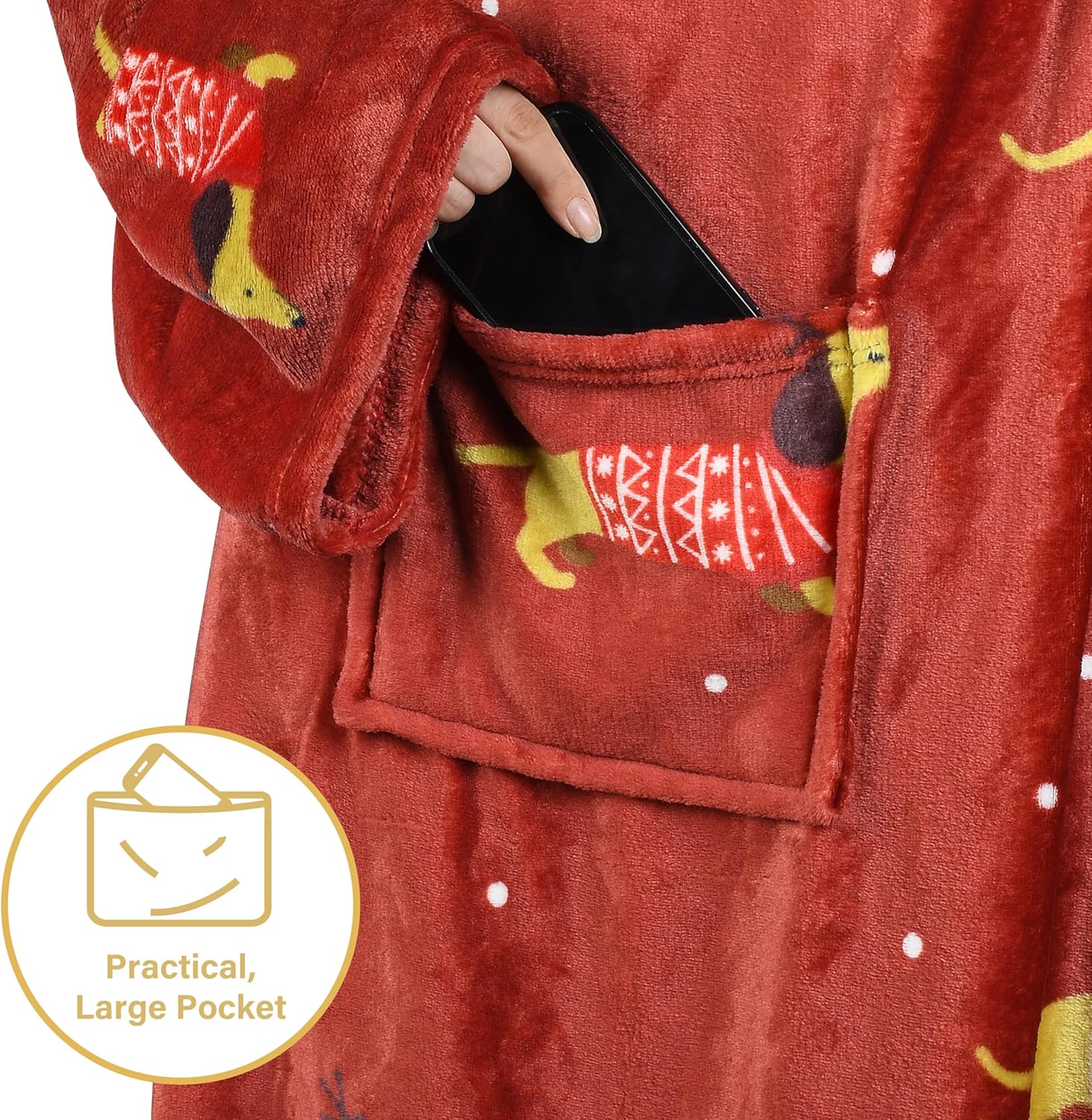 Catalonia Xmas Dachshund Print Wearable Snuggly Blanket with Sleeves, Soft Warm Cozy Fleece Long Throw with Pocket, Perfect for Sleeping & TV Time, Christmas Gift Ideas for Women and Men