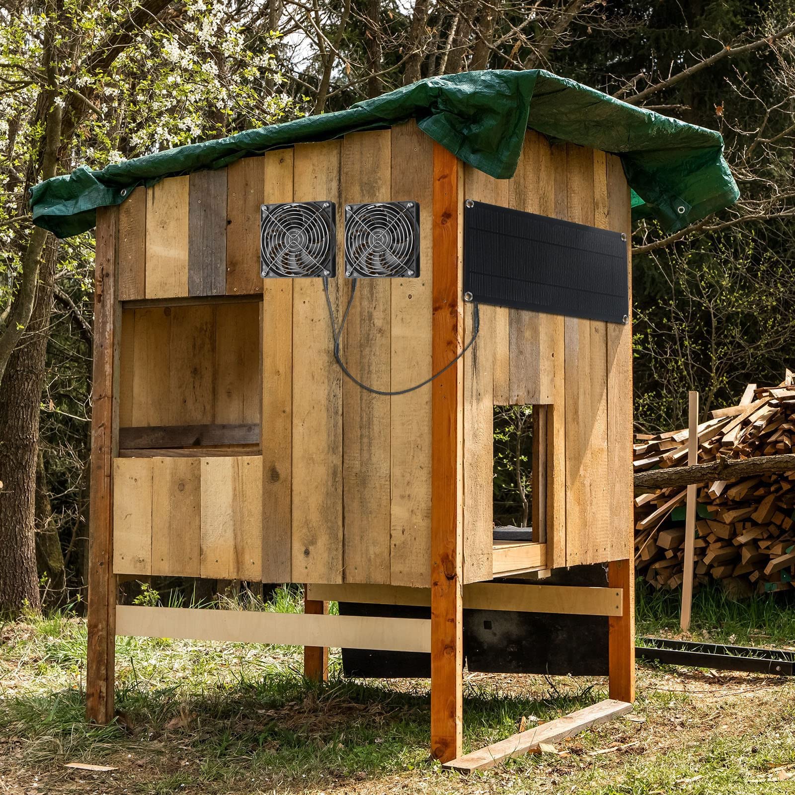 Kit de Ventilador Solar 10W, Ventilación Dual Impermeable, Carga Automática para Gallineros, Invernaderos y Cobertizos
