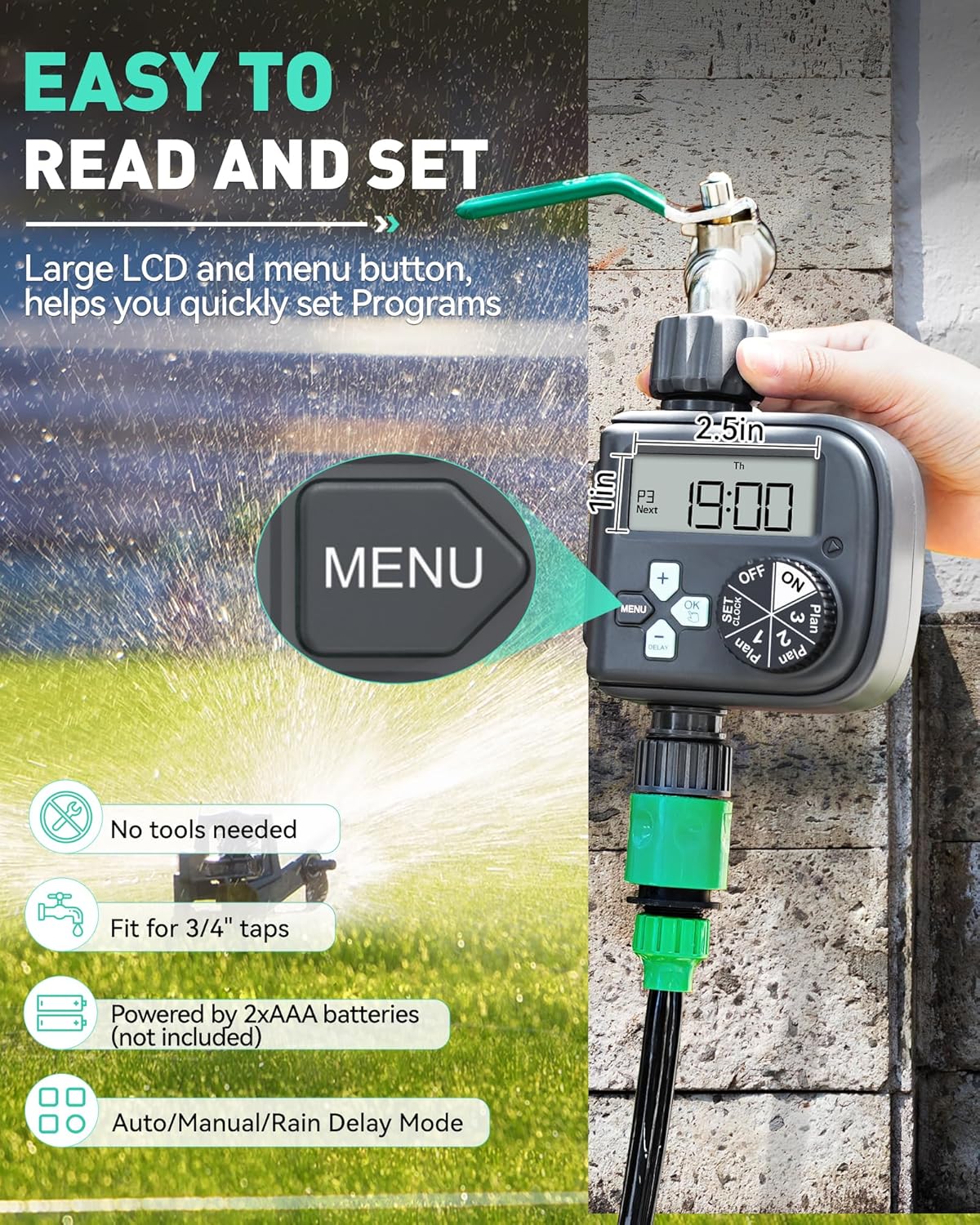 RAINPOINT Water Timer for Garden Hose 2 Outlet, Sprinkler Timer with 3 Programs