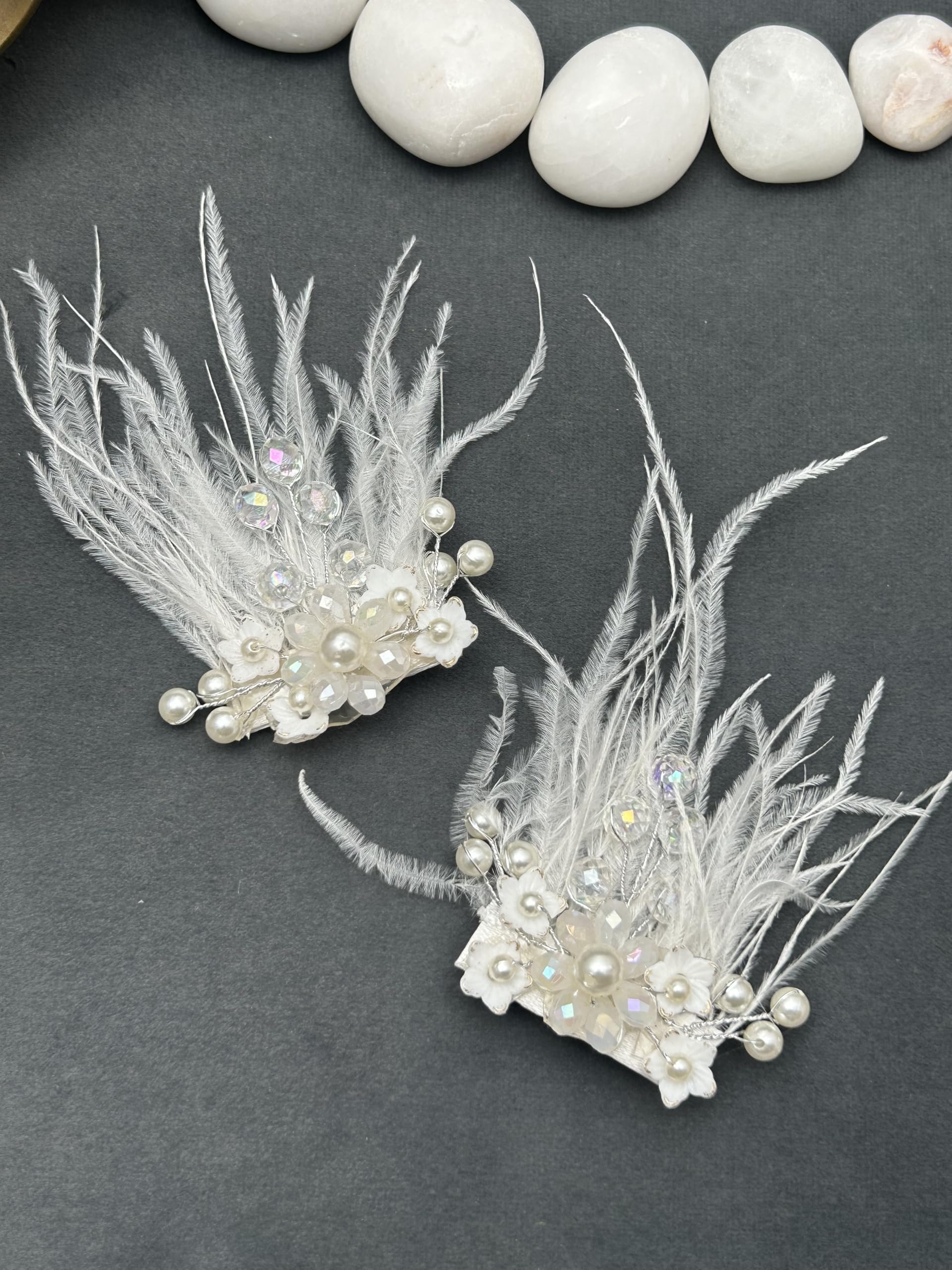 Twinsho Elegant White Feather Hair Clips with Pearls and 