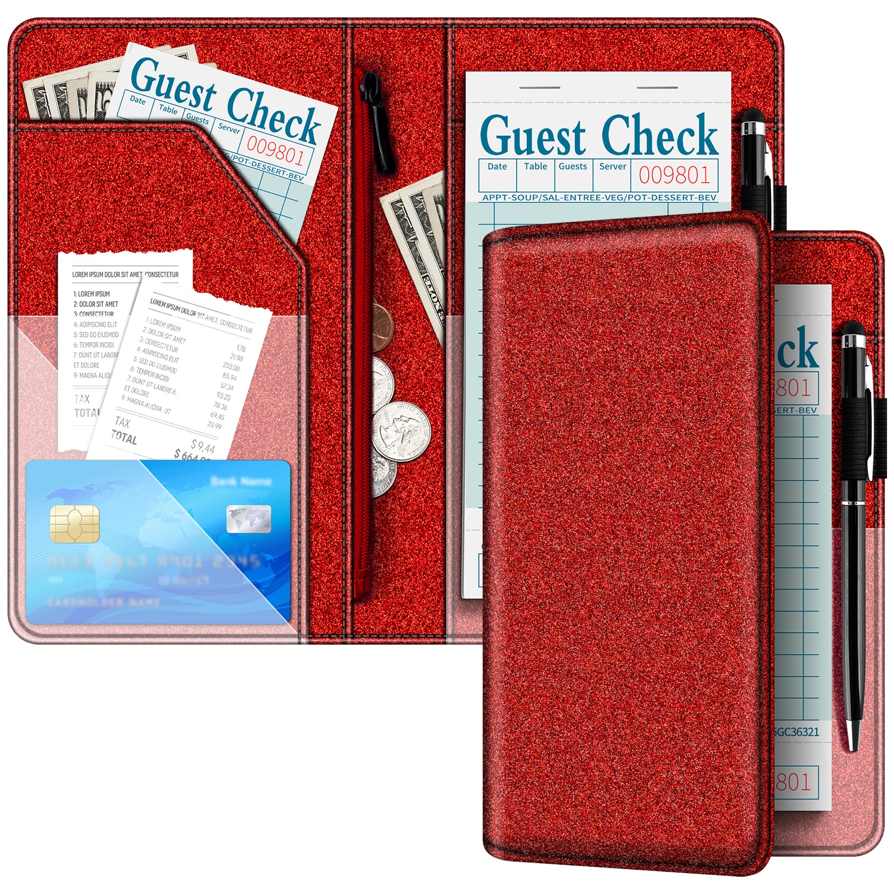 Server Book Cover for Waitress - Glitter Leather Waiter Book Server Wallet with Zipper Pocket, Money Pocket, Cute Waitress Book&Waitstaff Organizer