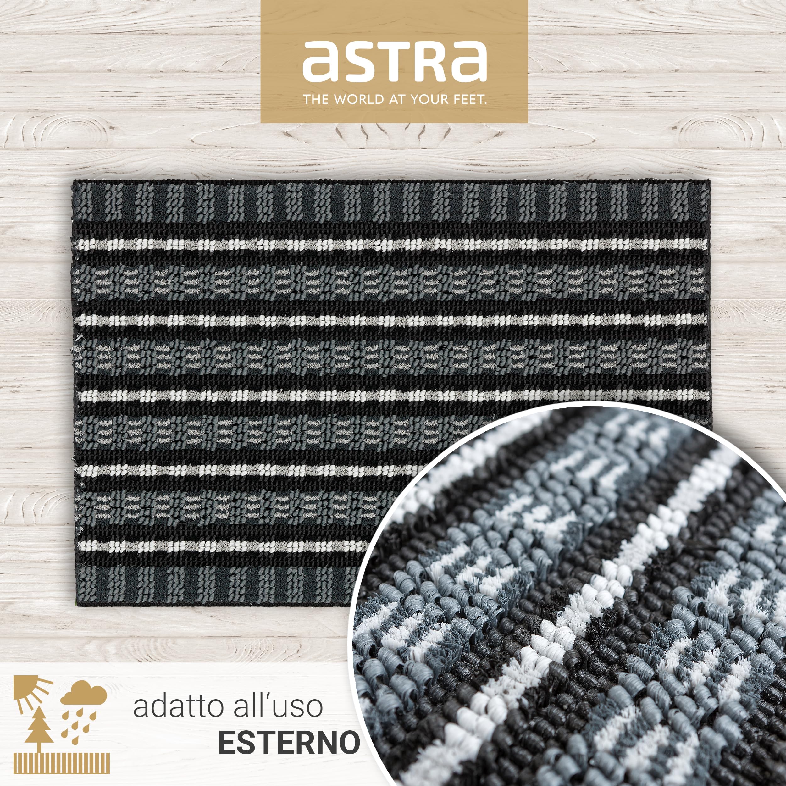 Astra Zerbino robusto con effetto spazzolato - Nero/Argento 50 x 80 cm - Zerbino da esterno con struttura a scanalature per la porta d'ingresso