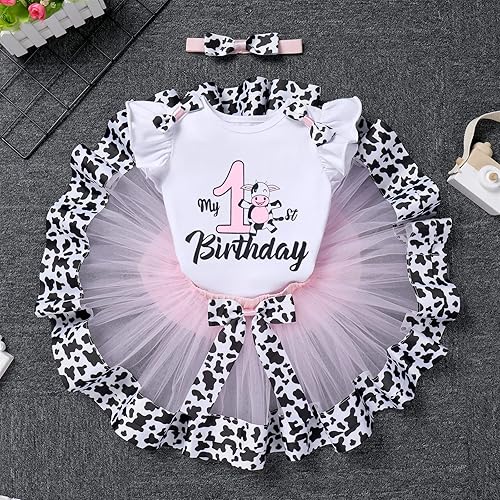 Miniatura 2 de IBTOM CASTLE Conjunto de ropa de fiesta de pastel para niñas de 1er cumpleaños, vacas de granja, princesa, falda tutú, diadema, accesorios