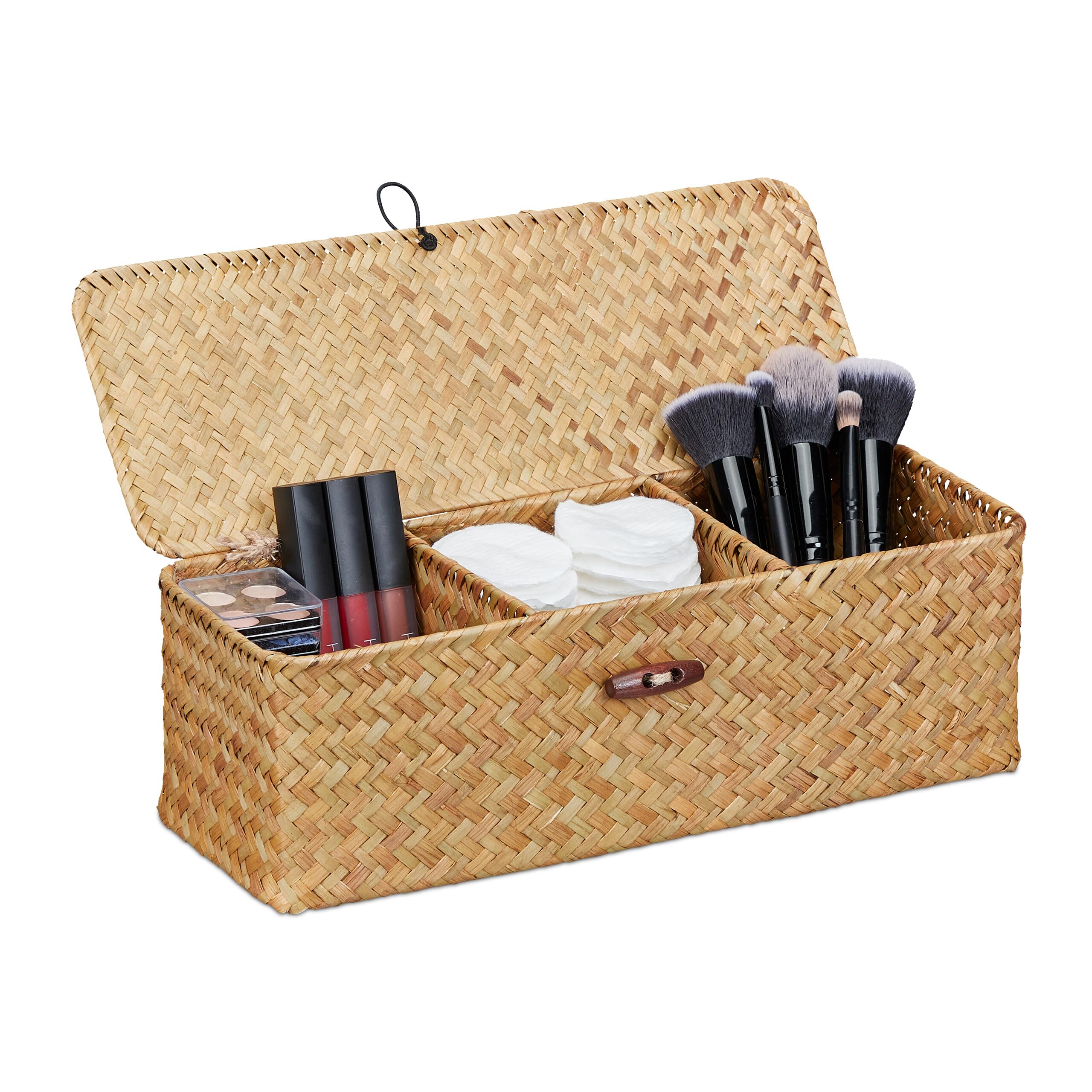 Relaxdays Pudełko do przechowywania z pokrywką, kosz z trawy morskiej z 3 przegródkami, do łazienki, wys. x szer. x gł.: 11 x 33 x 12,5 cm, kolor naturalny