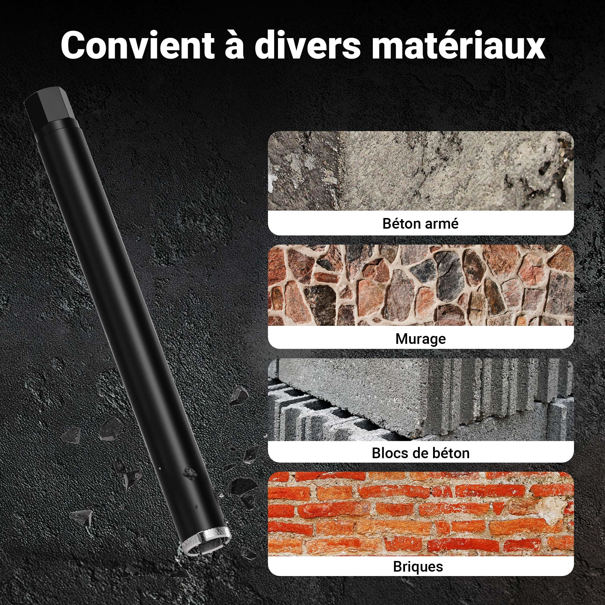 Wiltec Foret diamant pour Carotteuse Ø 52 mm – Haut rendement – 1¼ UNC – Longueur 450 mm – Métal fritté – Forage à humide – Chantier Carrelage Béton – Trépan Couronne Diamant