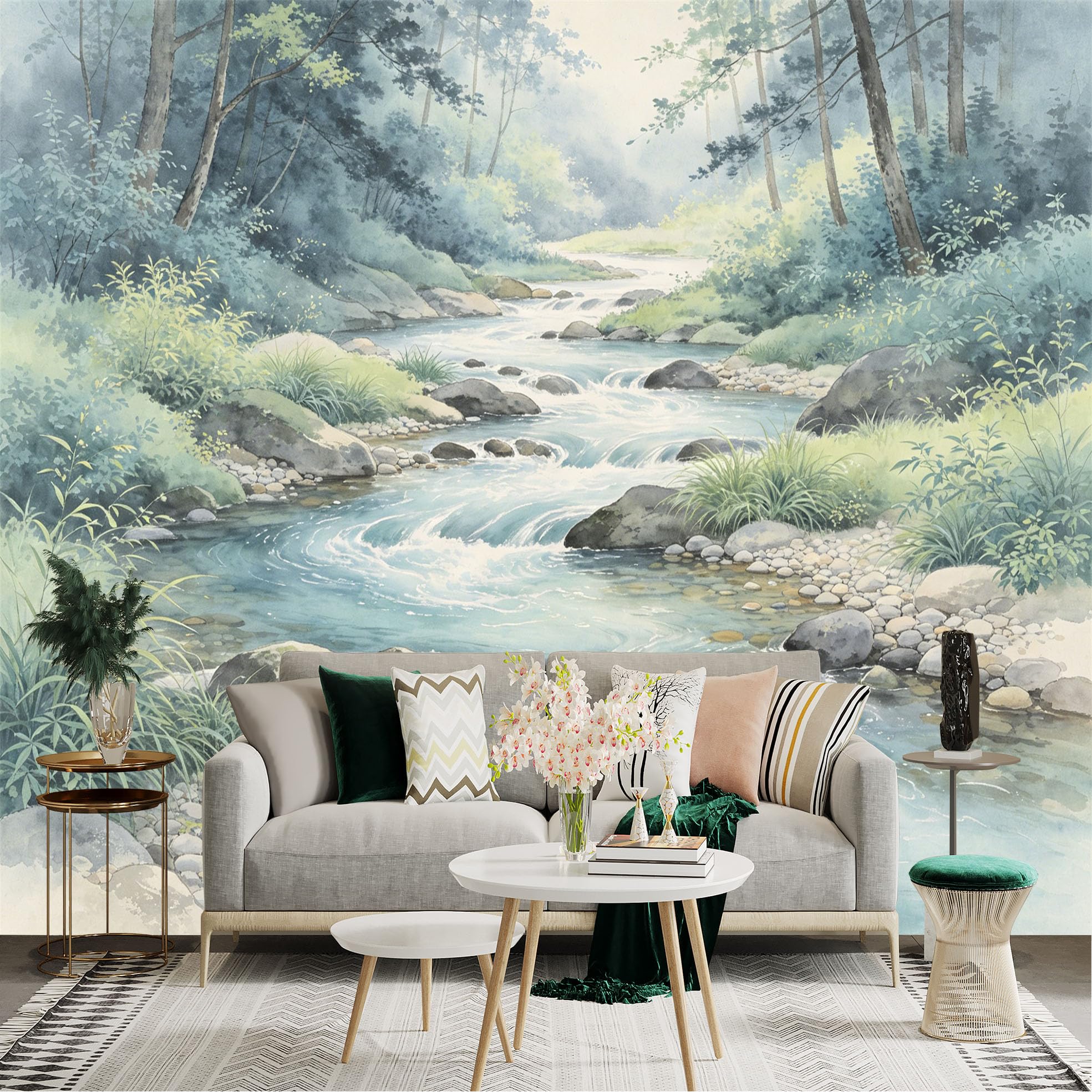 Lnzczhyre Dbh260521850 Custom Size Wall Sticker Mural， Watercolor Forest Creek， Flowing River With Stones， Peaceful Nature Scenery， For Wall Decoration， Peelandstick Wall Decals.