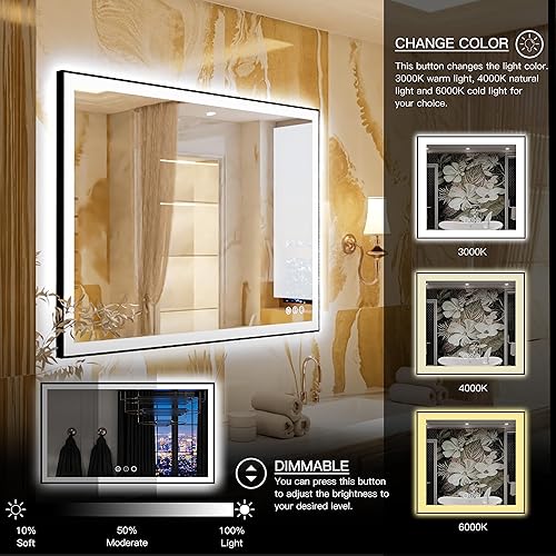 Vista 72 de 88x38 Large Light Bathroom Mirror - Backlit and Front Lighted LED Wall-Mounted Vanity Mirror Modern Rectangle Black Mirror, Dimmable, Anti-Fog