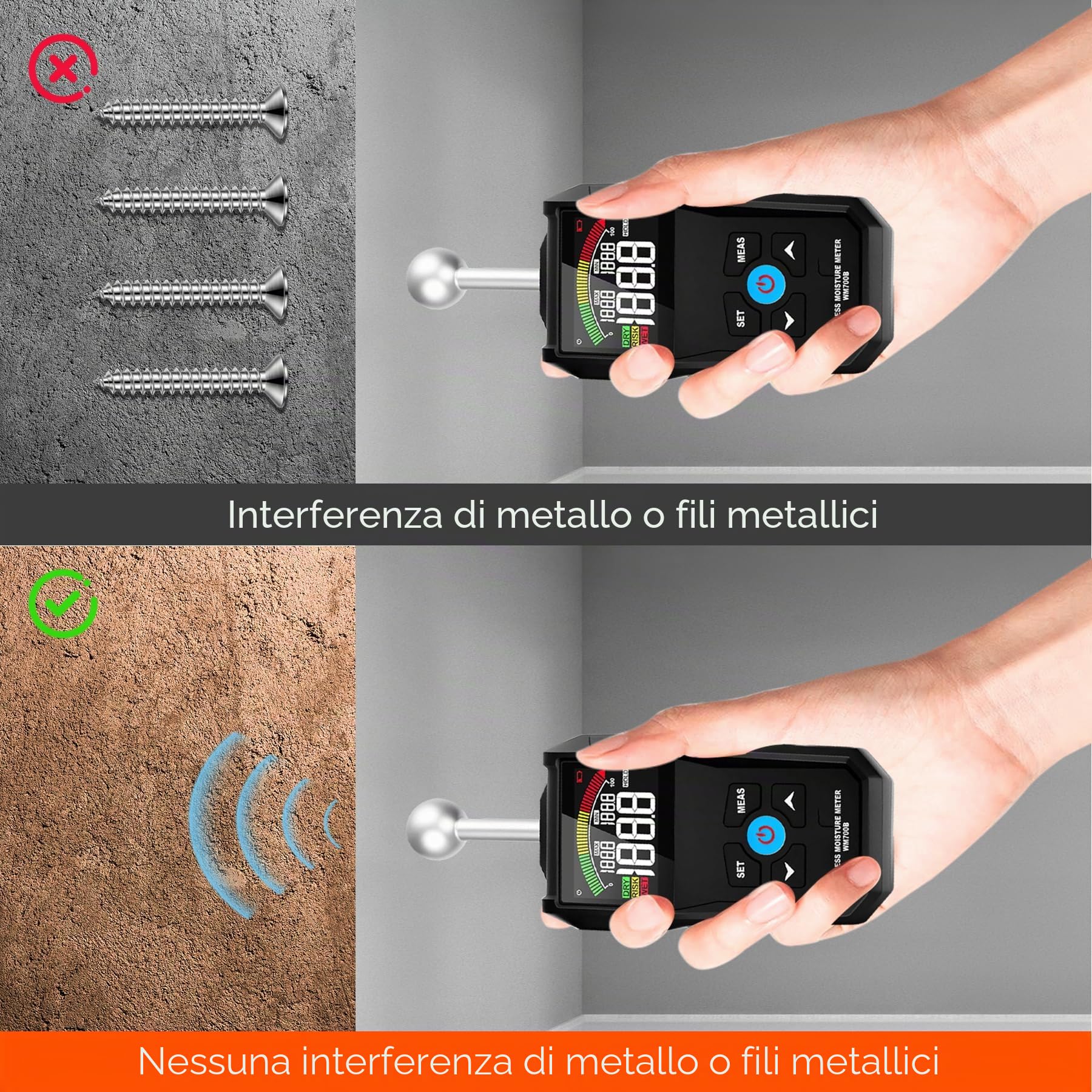 Misuratore di Umidità, Misuratore Umidità Muri Profondità di Analisi 5-40 mm, Igrometro Professionale Indicatore di Umidità con LCD a Colori E allarme Acustico Per Pareti, Legno, Intonaco, Pavimenti