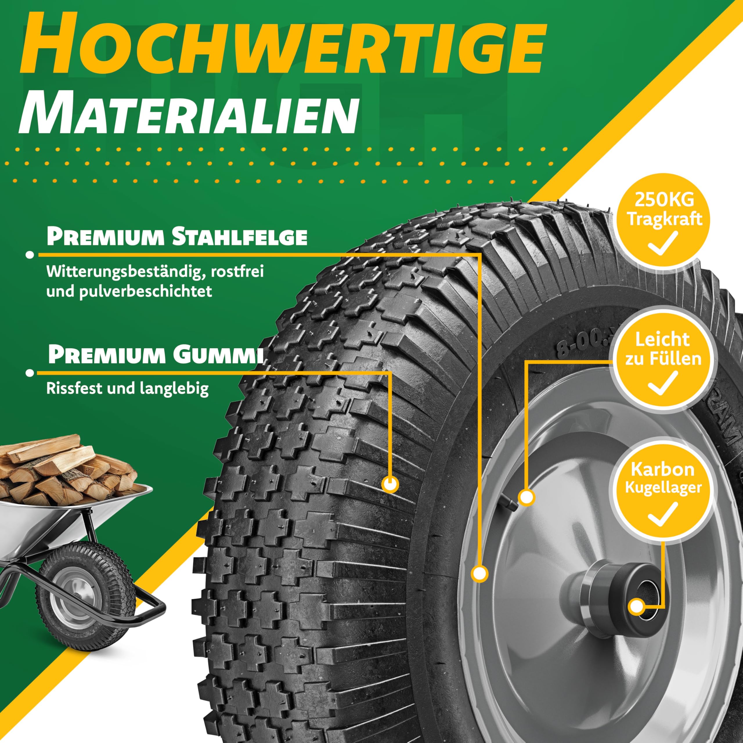 MASKO® Schubkarrenrad Luftbereifung 250kg Ersatzrad Luftreifen Schubkarre Gartenkarre 40cm / 15,6" extrabreit 9,5cm Luft-Rad pannensicherer Reifen mit Stahlfelge & Handschuhe Karbonstahl-Kugellager