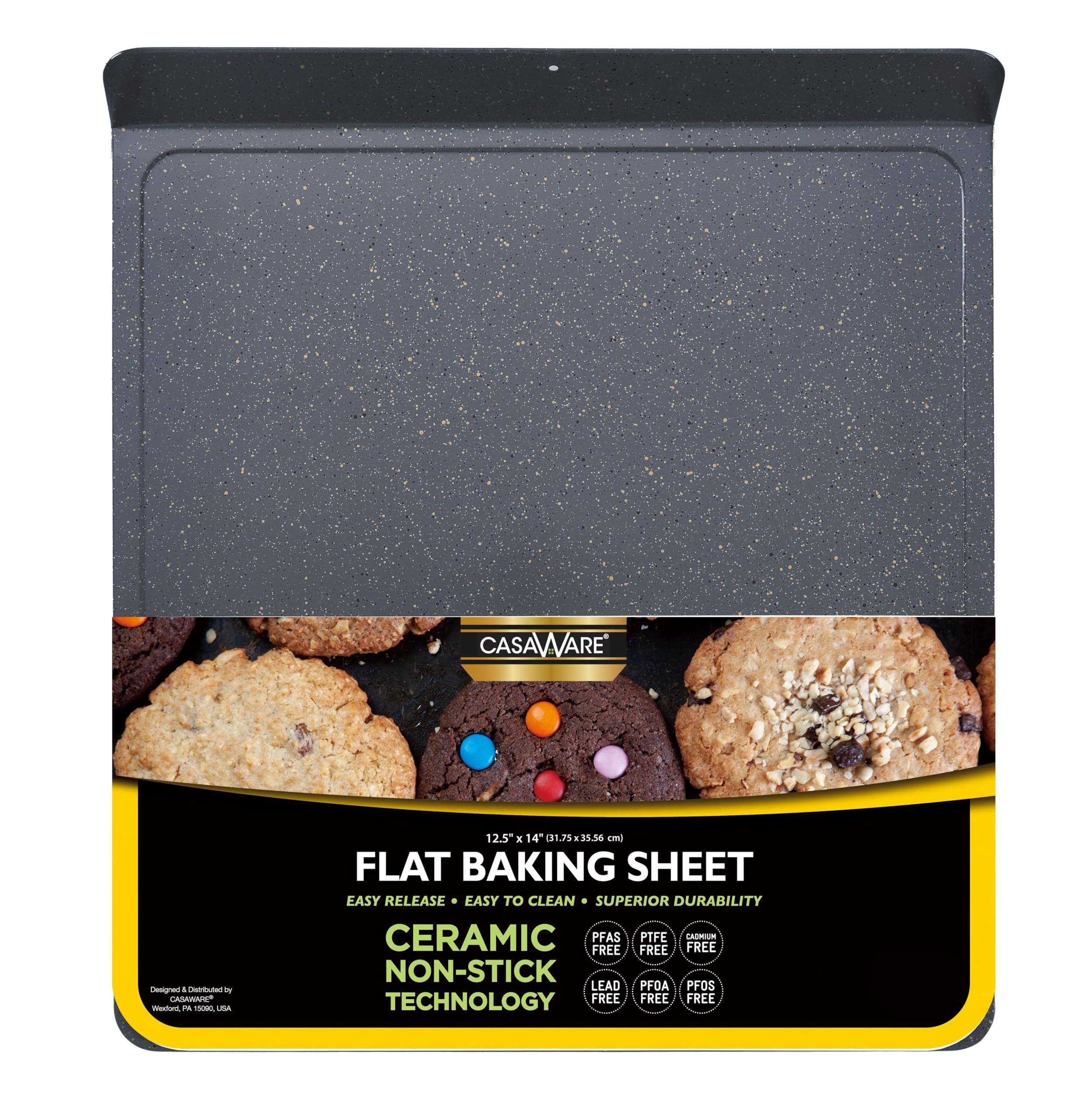 Large Flat Baking Cookie Sheet, 12.5 x 14-inch with a 1.5-inch Handle, Ceramic Non-Stick Coating (Silver Granite)