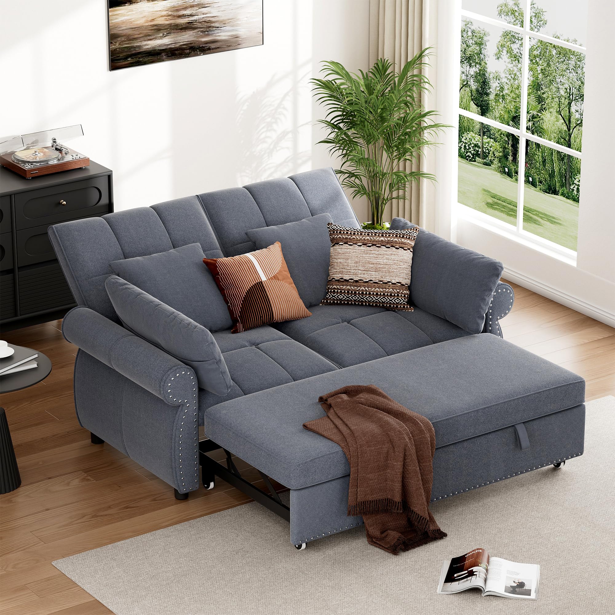 3 in 1 convertible sofa bed, 61 inch pull out couch, loveseat sleeper sofa with adjustable backrest, sofa couches for living room, bedroom, office, apartment, guest room, chenille fabric, grey (incomplete only one box) 