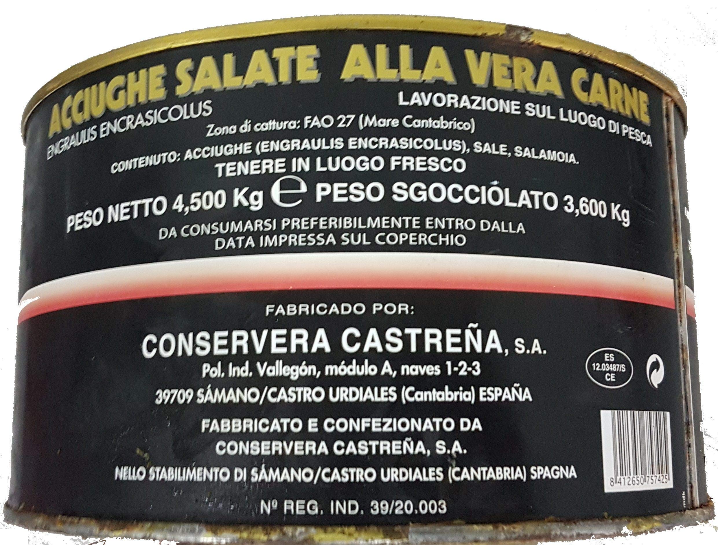 Anchoas en salazón pesca de primavera de La Castreña lata de 5 kg. 10 peces por camada.