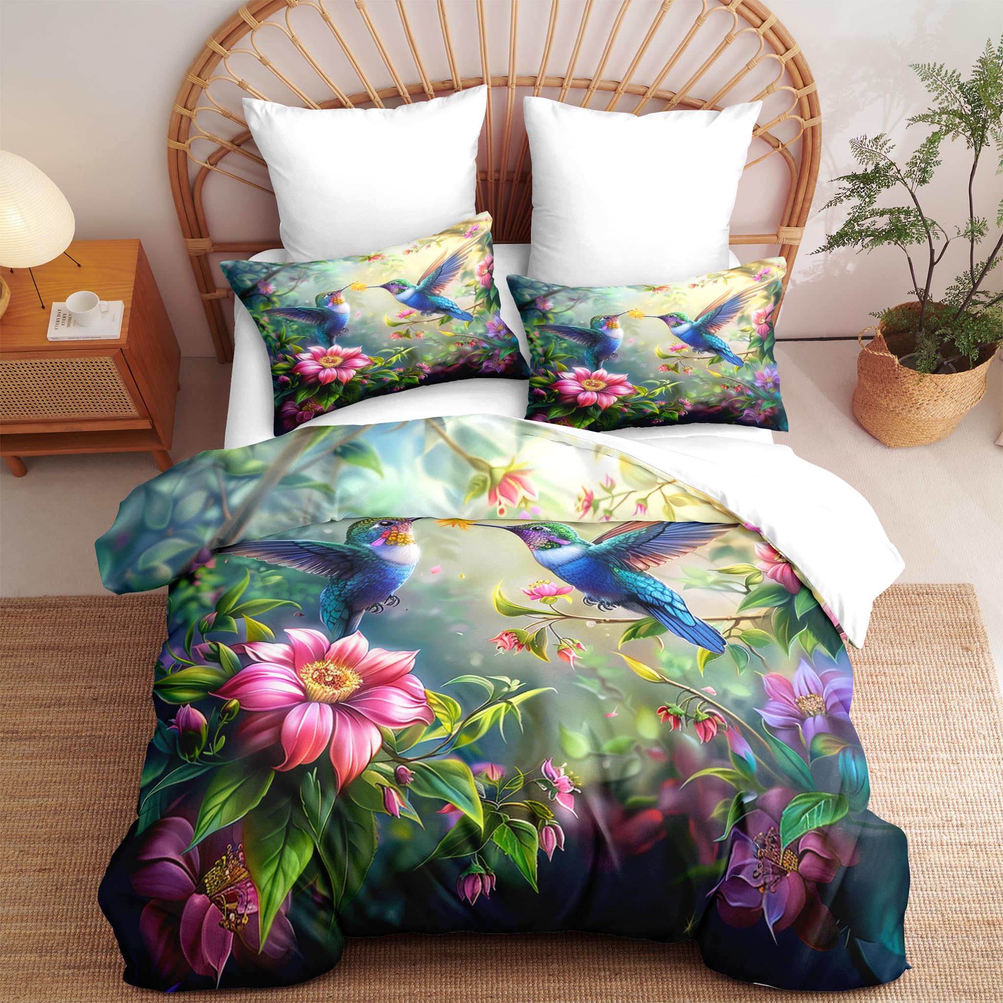 Ccoutuechen Botanical Flower Bird Comforter Set Full Size, Blue Hummingbird Microfiber Bedding Sets for Girls, Tropical Forest Soft Lightweight Down Alternative Comforter with 2 Pillowcases(79