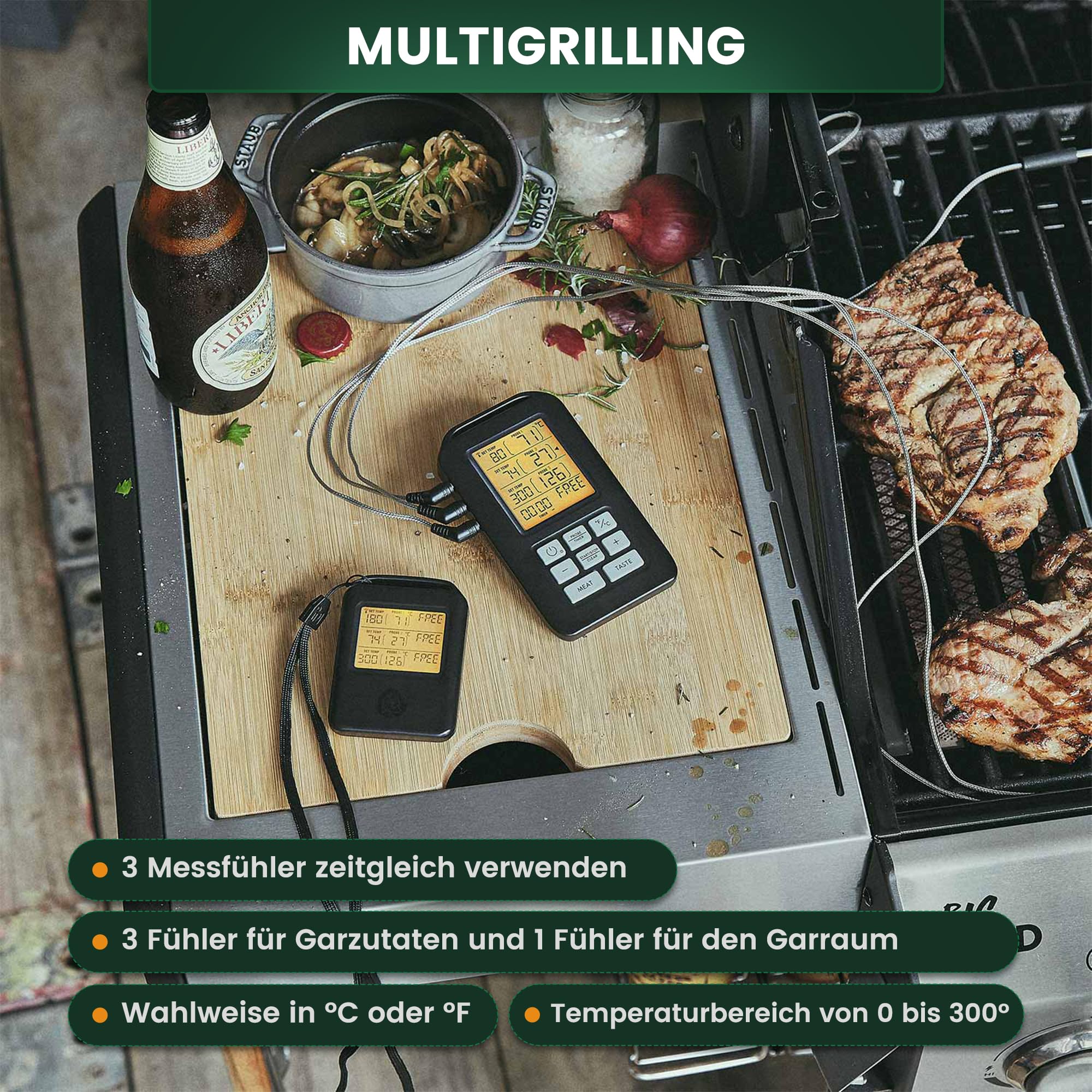 BURNHARD® Funk Grillthermometer mit 4 Temperaturfühlern, 30m Reichweite, Digital Braten-Thermometer für Grill & Backofen, Timer, BBQ Thermometer, Grillzubehör für Fleisch & Fisch