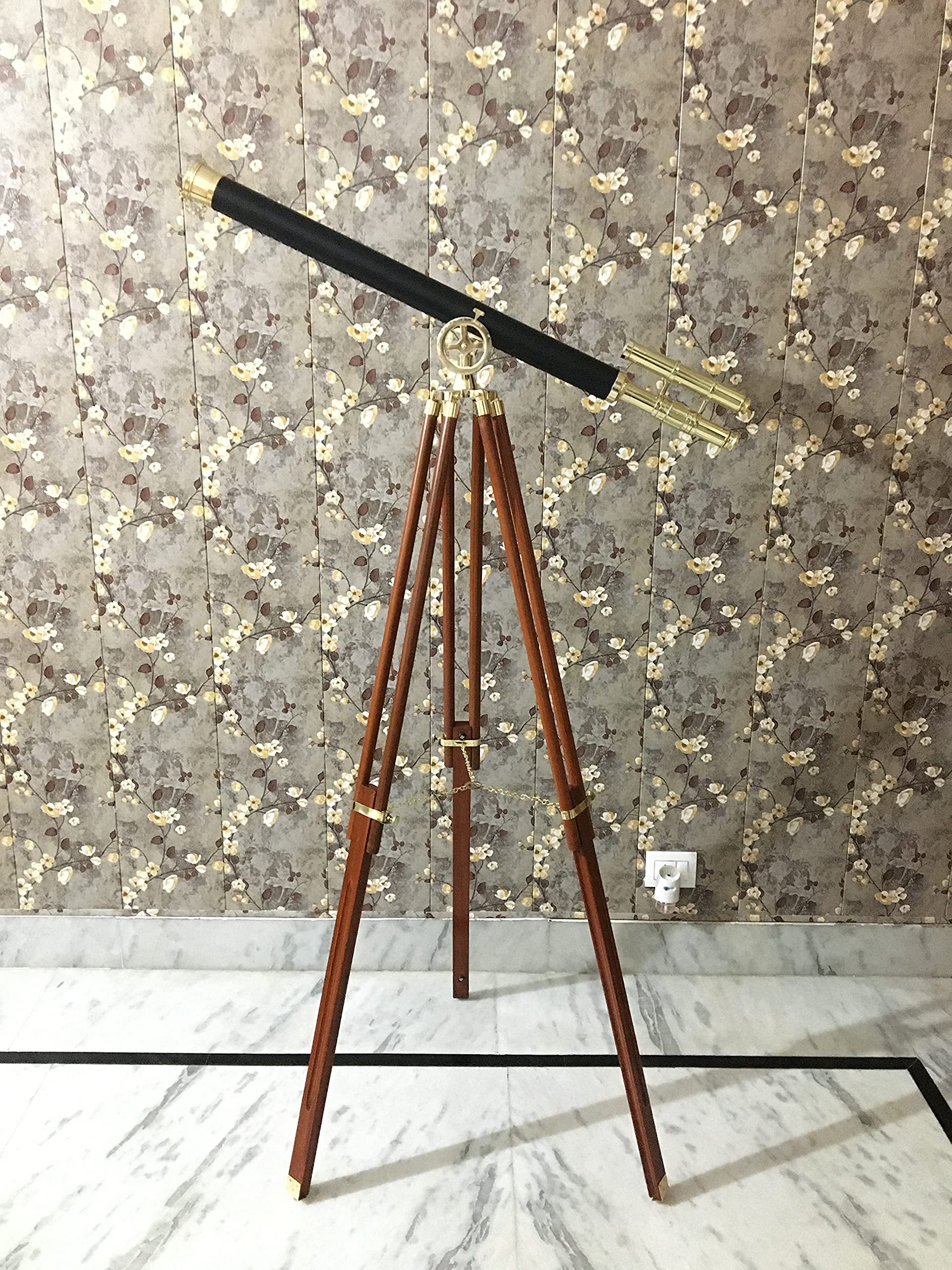 Handmade Shiny Brass Black Leather Wrapped Telescope with Wooden Adjustable Tripod Vintage Nautical Spyglass Scope Home/Office Decorative Christmas/New Year