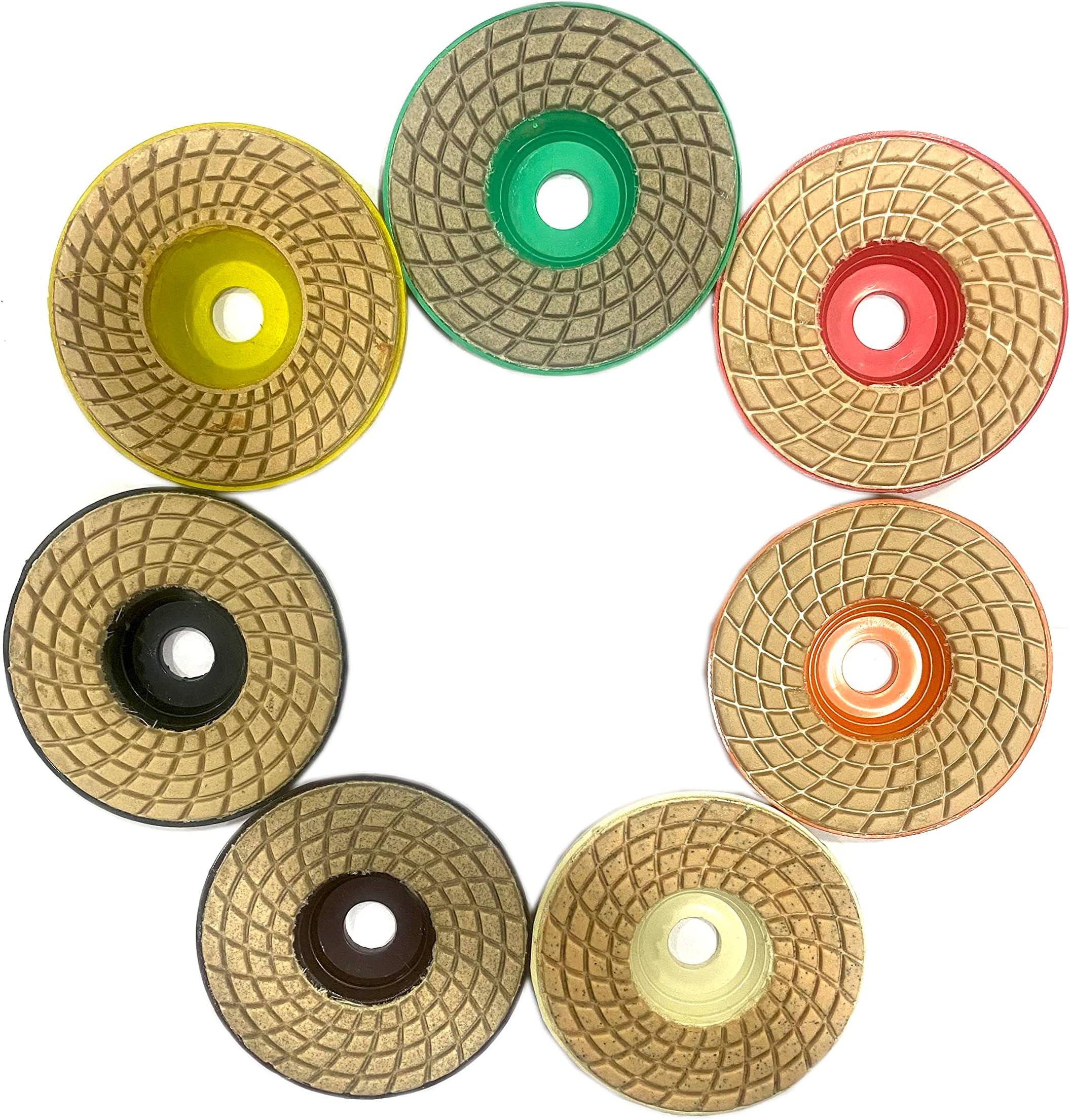 Jon Bhandari Tools 7pc 4" inch 100mm Diamond Ceramic Polishing Pad Set for Grinding and Finishing of Granite, Marble, Glass, Concrete and Other Natural Stone (Grit 0 to 6)