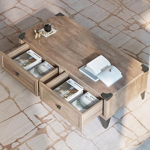 Mesa auxiliar industrial con 2 cajones grandes, mesa central de almacenamiento con estantes traseros ocultos para sala de estar, mesa de cóctel