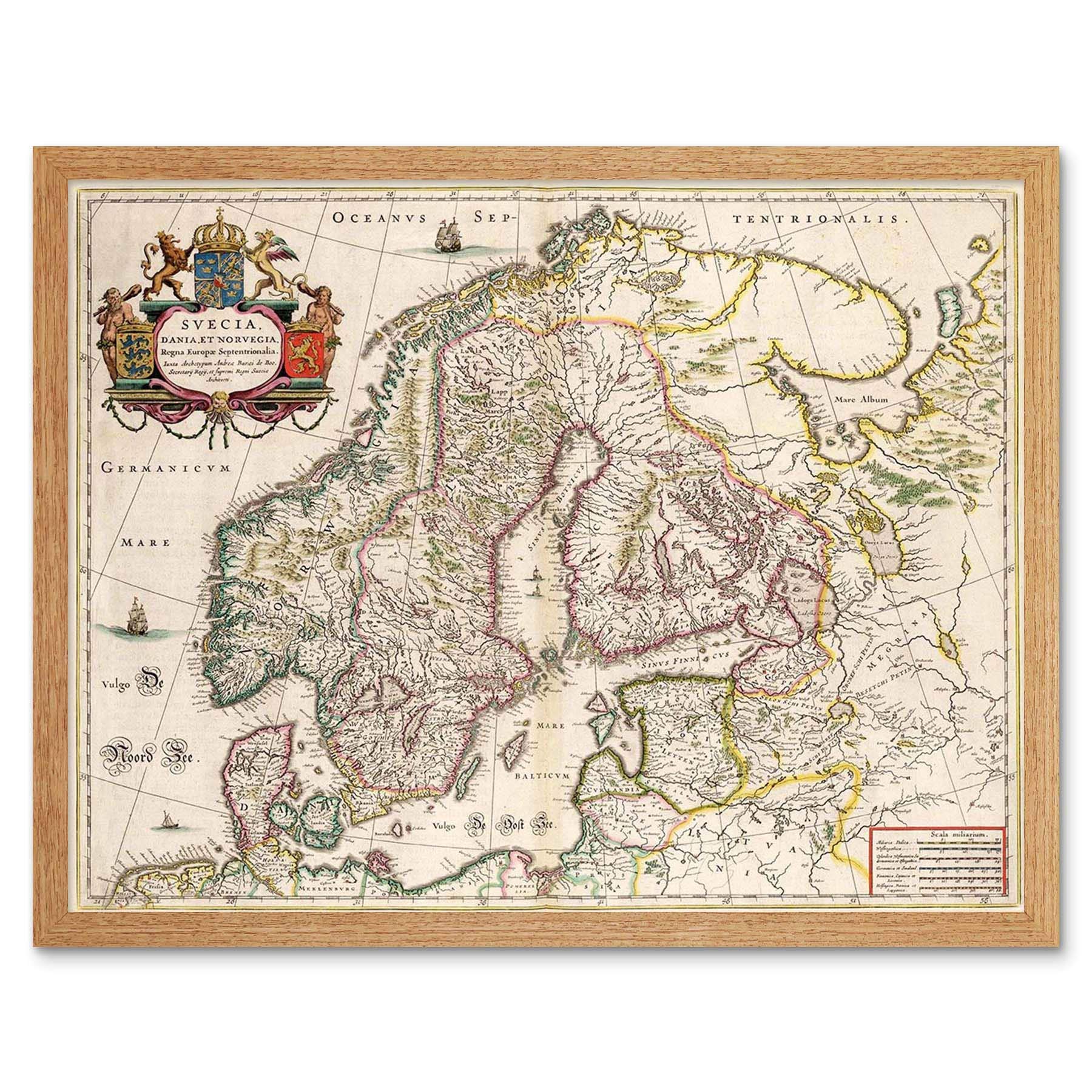 Wee Blue Coo Framed Light Oak Map Antique Scandinavia Norway Sweden Finland Art Print Framed Poster Wall Decor 12X16 Inch