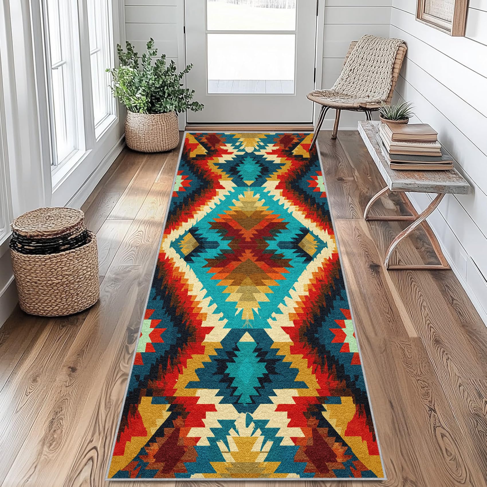 Azteken Navajo Läufer Teppich Flur 50 x 150 cm Waschbar Indianer Südwesten Geometrische Teppichläufer rutschfest Kurzflor Teppich Läufer für Eingang, küche, Schlafzimmer, Wohnzimmer, Korridor ZU&Q306