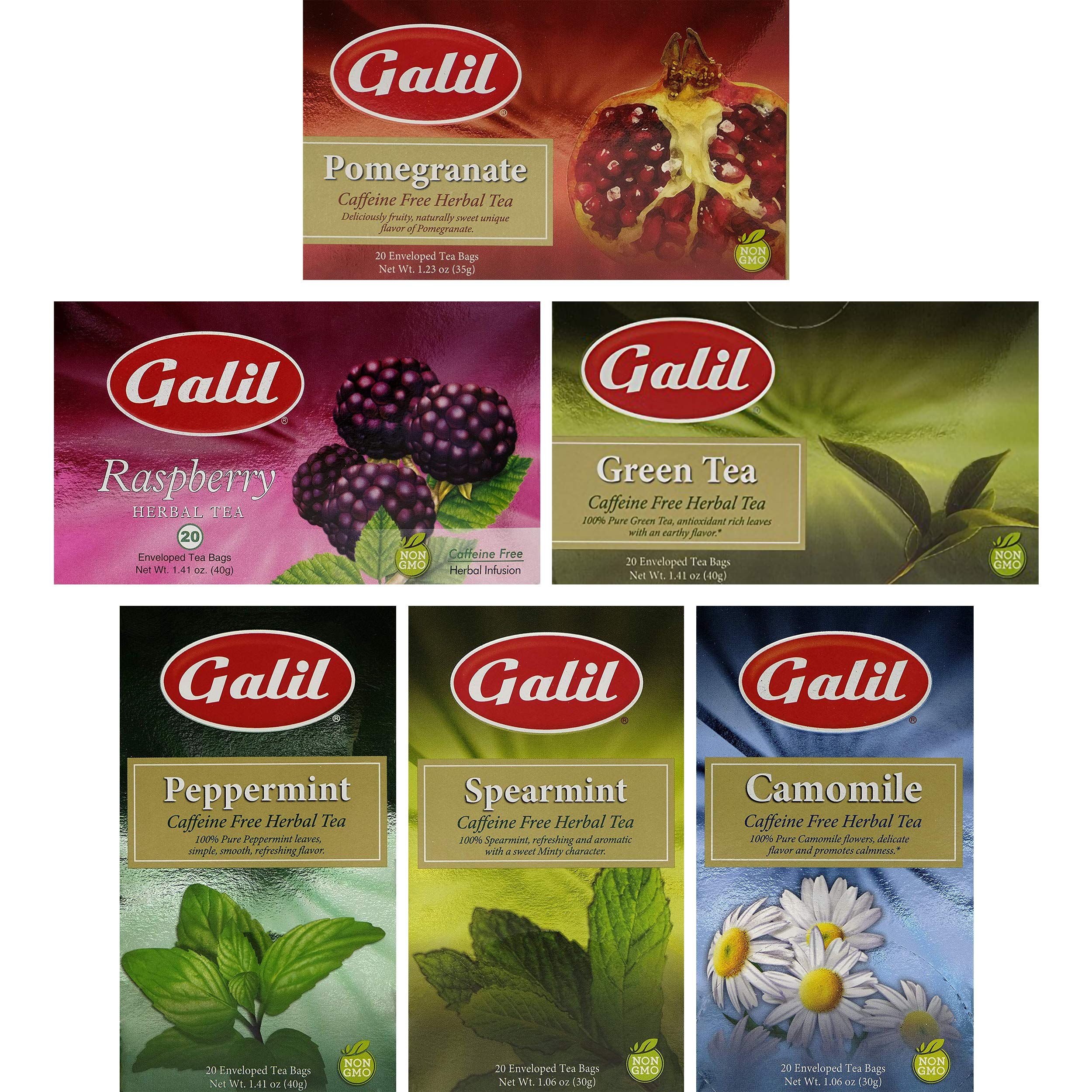 Herbal Tea Caffeine Free Tea, Peppermint, Spearmint, Camomile, Green Tea, Pomegranate, Camomile, Raspberry Tea Variety Pack! (Pack of 6, Total of 120 Enveloped Tea Bags