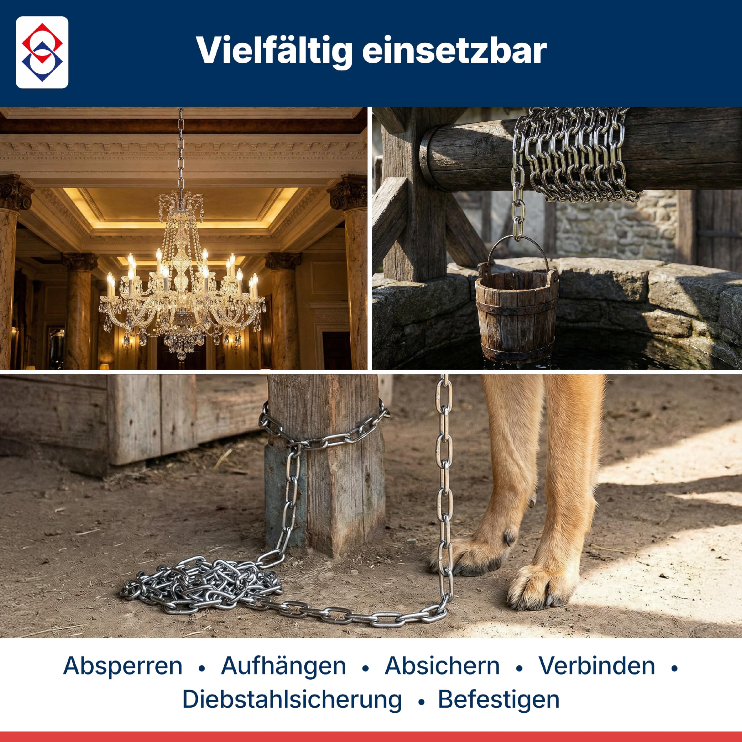 Edelstahl V4A Kette, 10,0 Meter, 2 mm Materialstärke, langgliedrig | 31,25 kg Maximalbelastung, rostfrei, poliert, ähnlich DIN763 -Tecklenborg Kegel GmbH