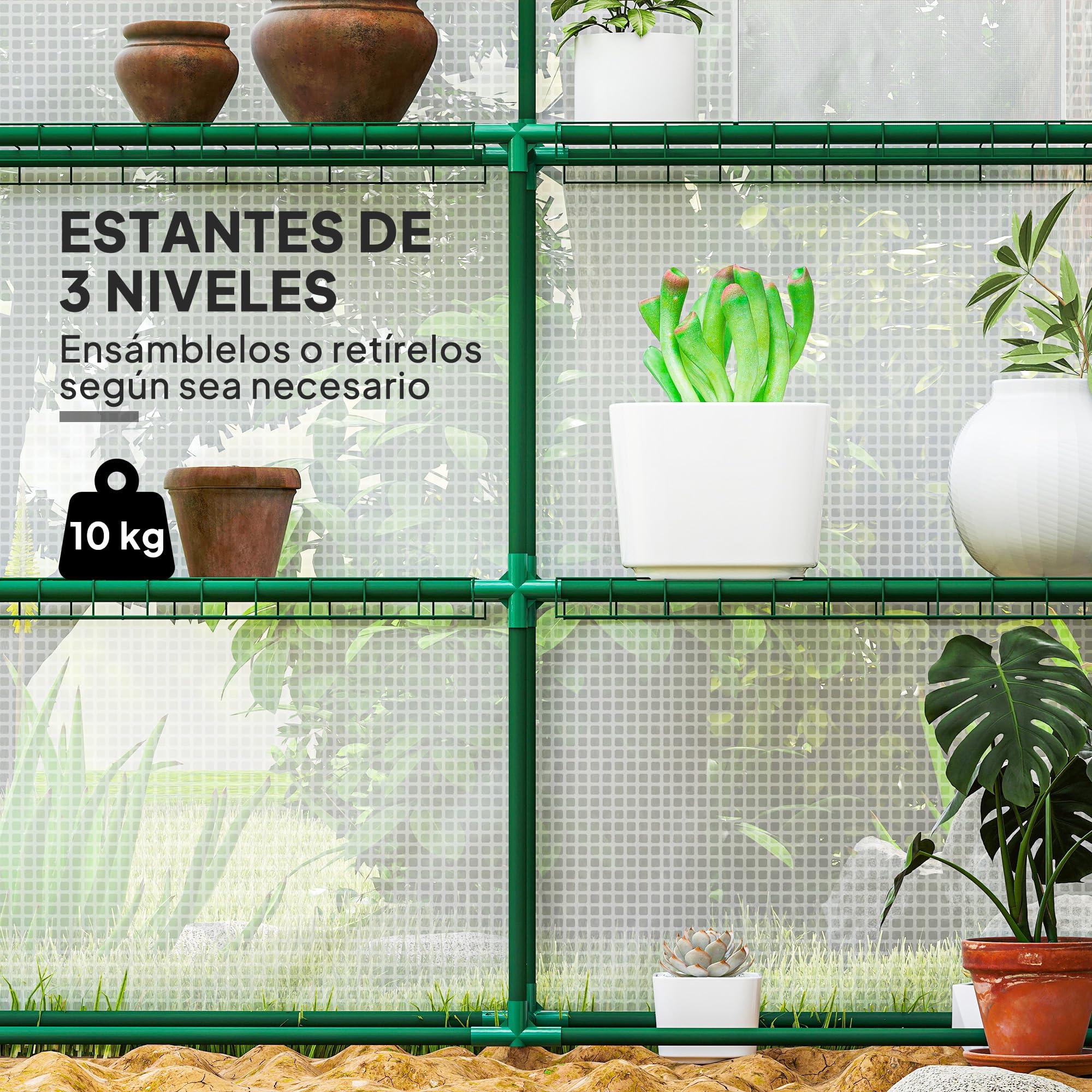 Outsunny Invernadero de Jardín de 3 Niveles Exterior 140x213x190 cm Blanco | 12 Estantes, Puerta Enrollable, Ventanas, Anti-UV, Cubierta PE 135g/m², Cultivos, Plantas, Flores
