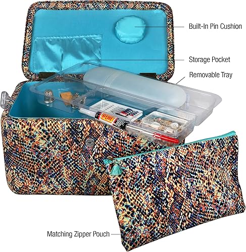 Miniatura 7 de SINGER Cesta de aparejos grande de alta calidad, estampado de serpiente multicolor con kit de costura de viaje de emergencia y bolsa con cremallera