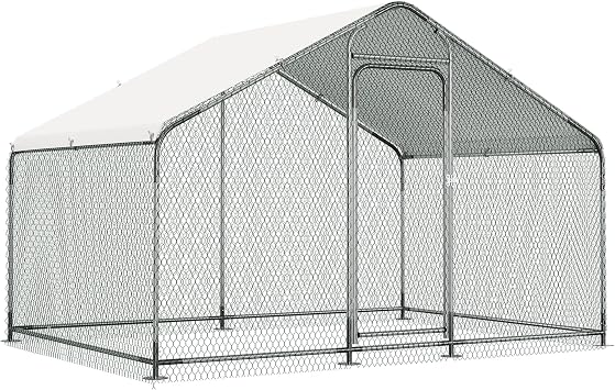 Large Metal Chicken Coop Walk-in Poultry Cage, 9.8L x 6.5W x 6.5H Spire Roof Chicken Run with Waterproof Anti-UV Cover, Outdoor Backyard Farm Habitat for Chickens, Ducks, Rabbits, Hens
