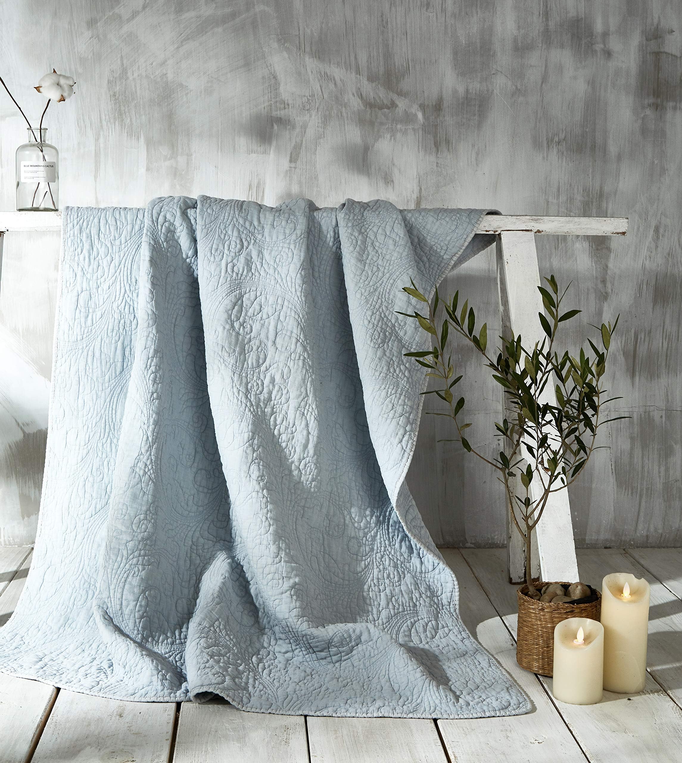 Rachel Ashwell Prairie Farmhouse Quilted Embroidered Oversized Throw Blanket, Soft and Easy Care, 50x60, Grey