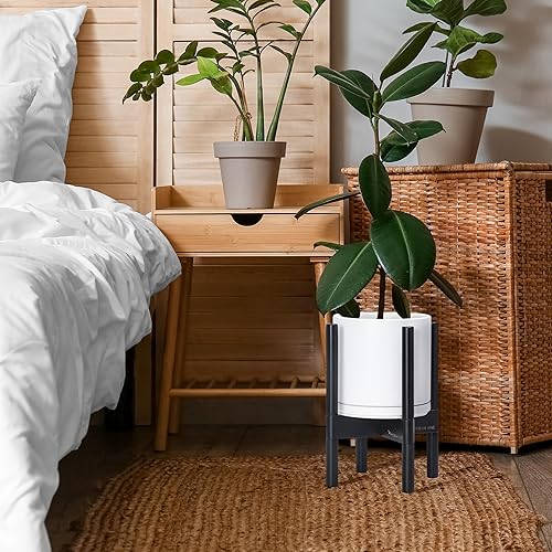 Miniatura 4 de D'vine Dev Maceta de cerámica con soporte de ébano, maceta redonda moderna de 8 pulgadas con soporte para maceta de madera, color blanco, 55-B-M-1