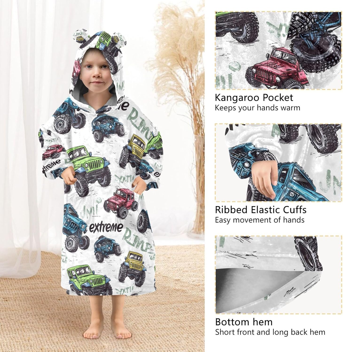 Watercolor Car Kids Wearable Blanket Hoodie with Pocket and Sleeves for Toddlers, Cute Hoodies Girls Boys B0403817