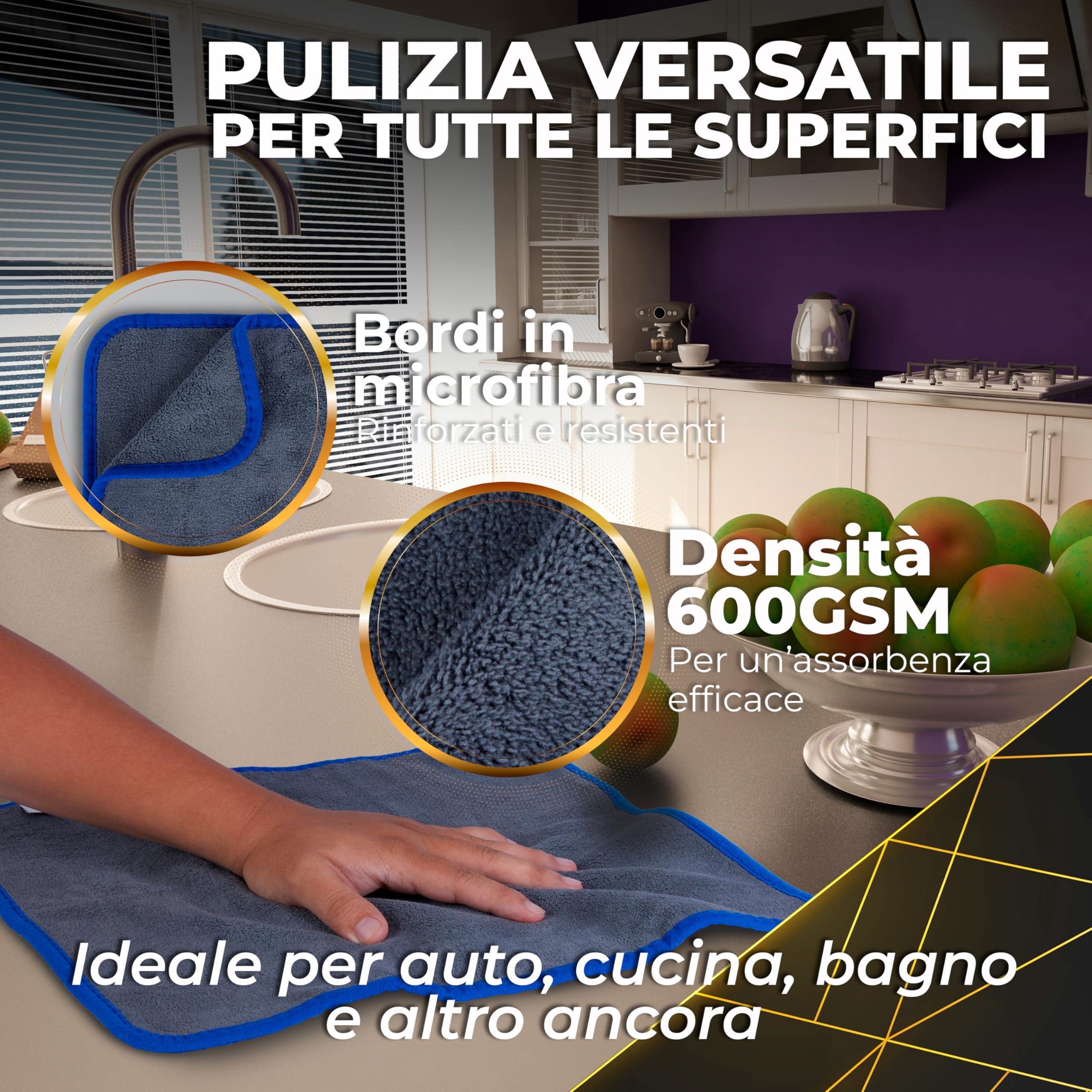 Panno Asciugatura Auto Ultra Assorbente - Set 4x Panni Microfibra 40x40 + 1 Pelle di Daino 66x43-600GSM, No Aloni, Interni-Esterni