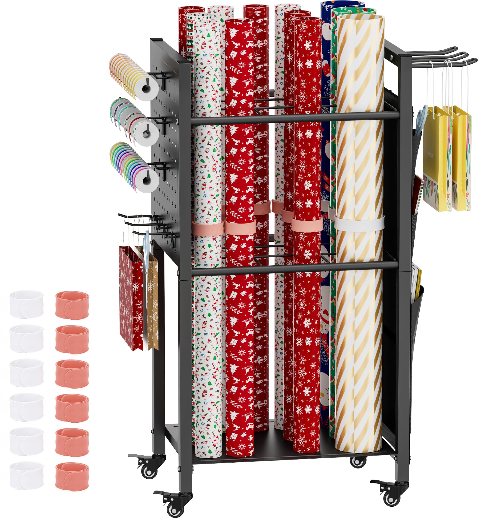 Khordin Wrapping Paper Storage Organizer with Wheels, Gift Wrap Storage Station with Ribbon and Gift Bag Storage, Rolling Craft Storage Cart with 12PCS Slap Bands, Christmas Decor, Black