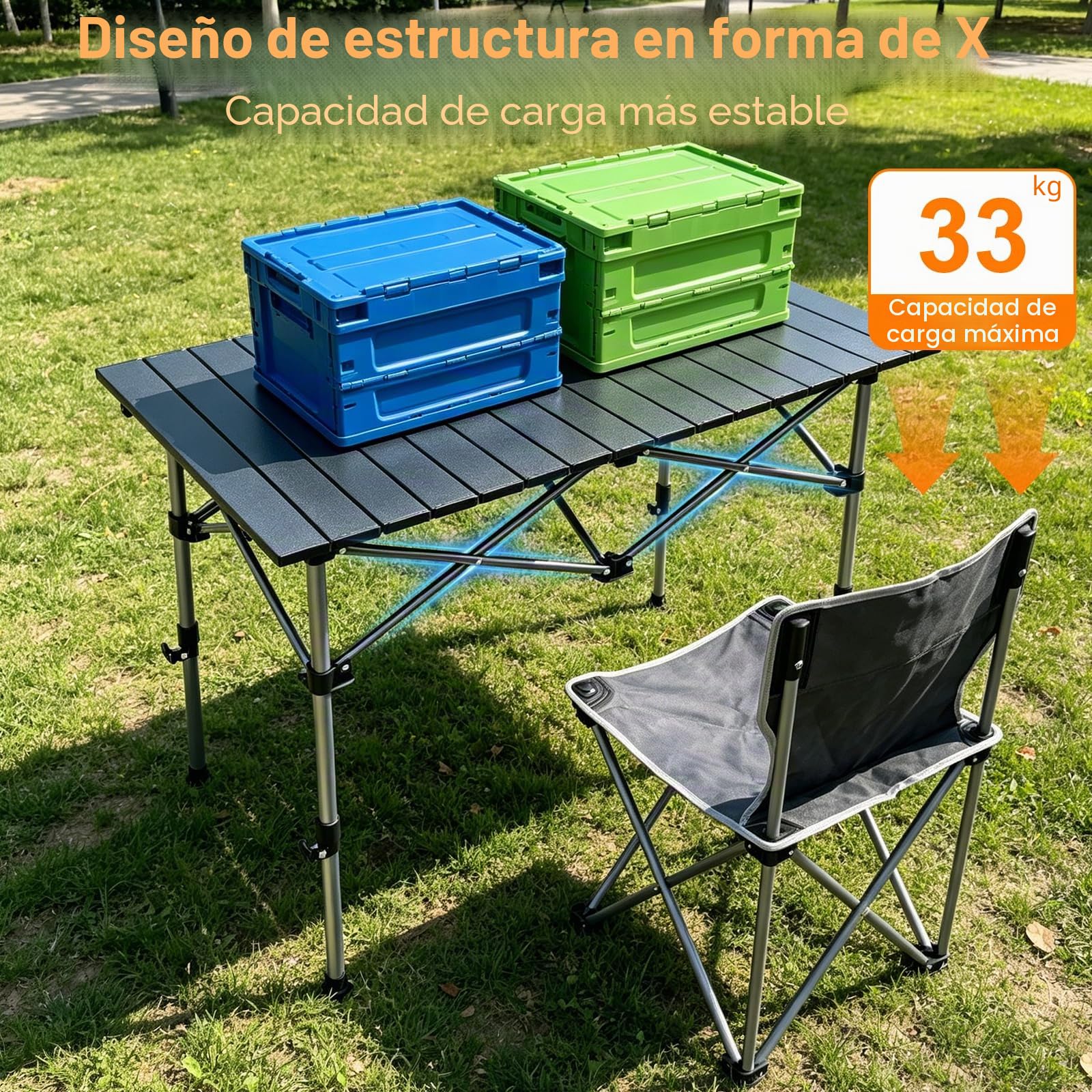 Mesa de Camping Plegable 95x55X (50-80) cm, Mesa Plegable 100KG Cargable Tablero Enrollable, Mesa Plegable Playa con Bolsa de Transporte para Acampar, Picnic, Barbacoa, Patio, Fiesta