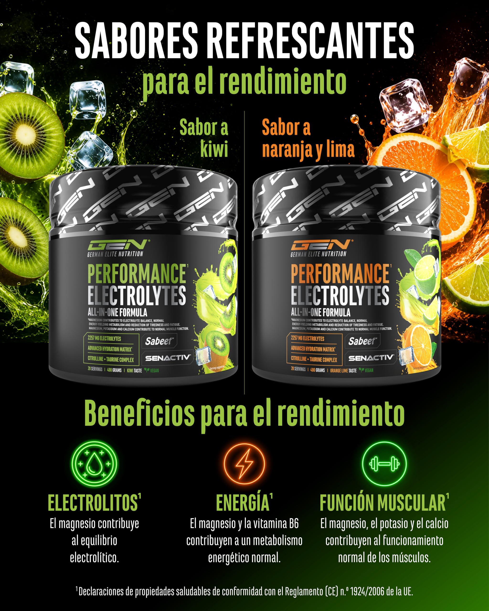 Performance Electrolytes - 400 g (20 Porciones) - Advanced Hydration Matrix con Sodio, Potasio, Magnesio, Calcio y Cloruro - con Citrulina y Taurina - Sin Azúcar - Vegano - Sabor Kiwi