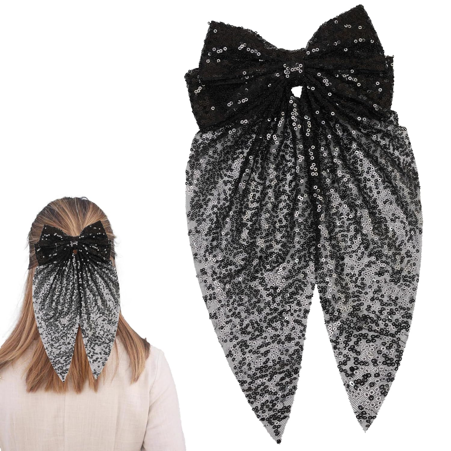 Hair Bows for Women, 20x38cm Large Hair Bows Clip Black and Silver Cute Hair Bows, Hair Bow Clips Ribbon Bows for Hair (Black)