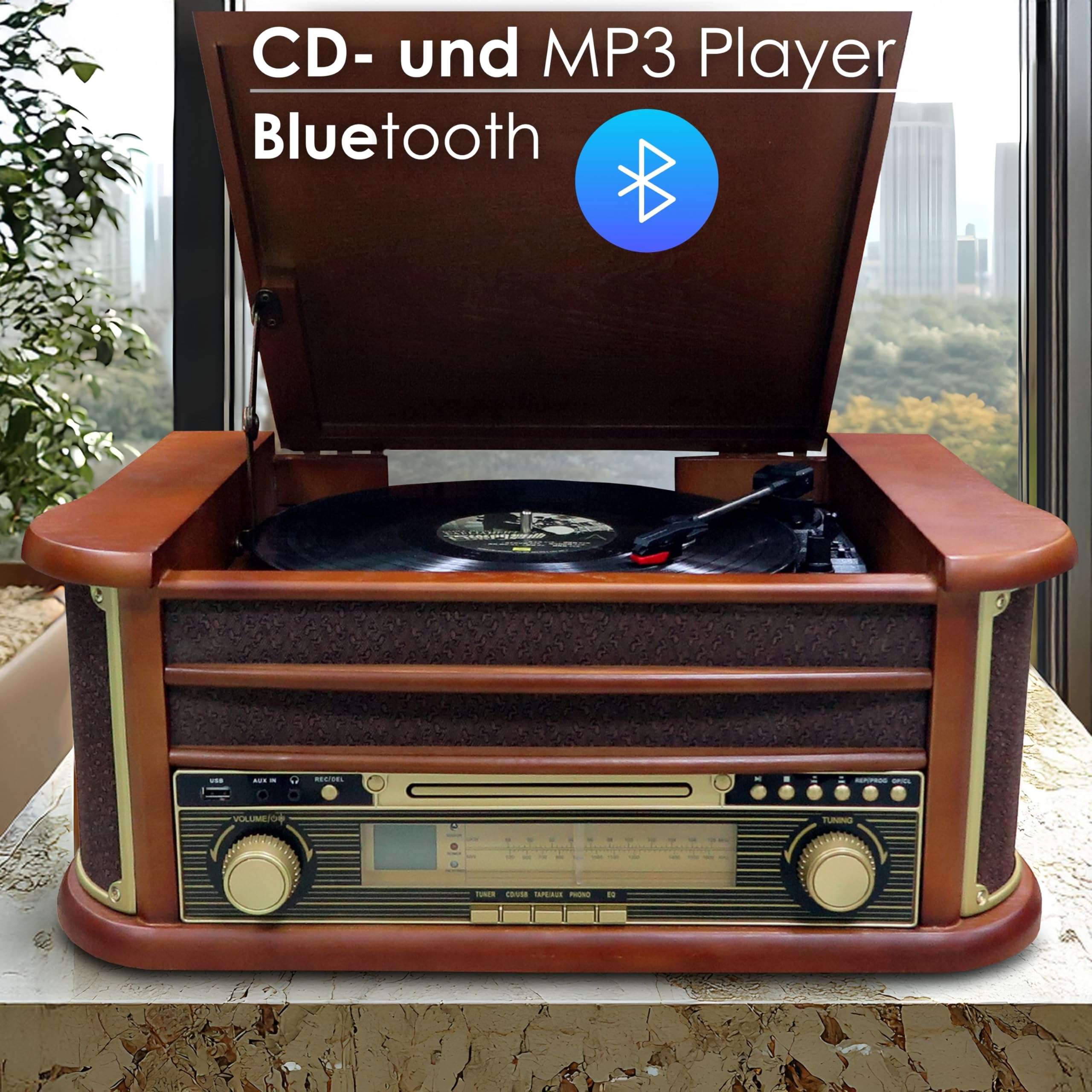 Nostalgiczny drewniany zestaw muzyczny | zestaw kompaktowy | Bluetooth | magnetofon kasetowy | retro zestaw stereo | odtwarzacz CD MP3 USB | pilot zdalnego sterowania | gramofon | radio | kodowanie MP3: Funkcja nagrywania AUX IN.