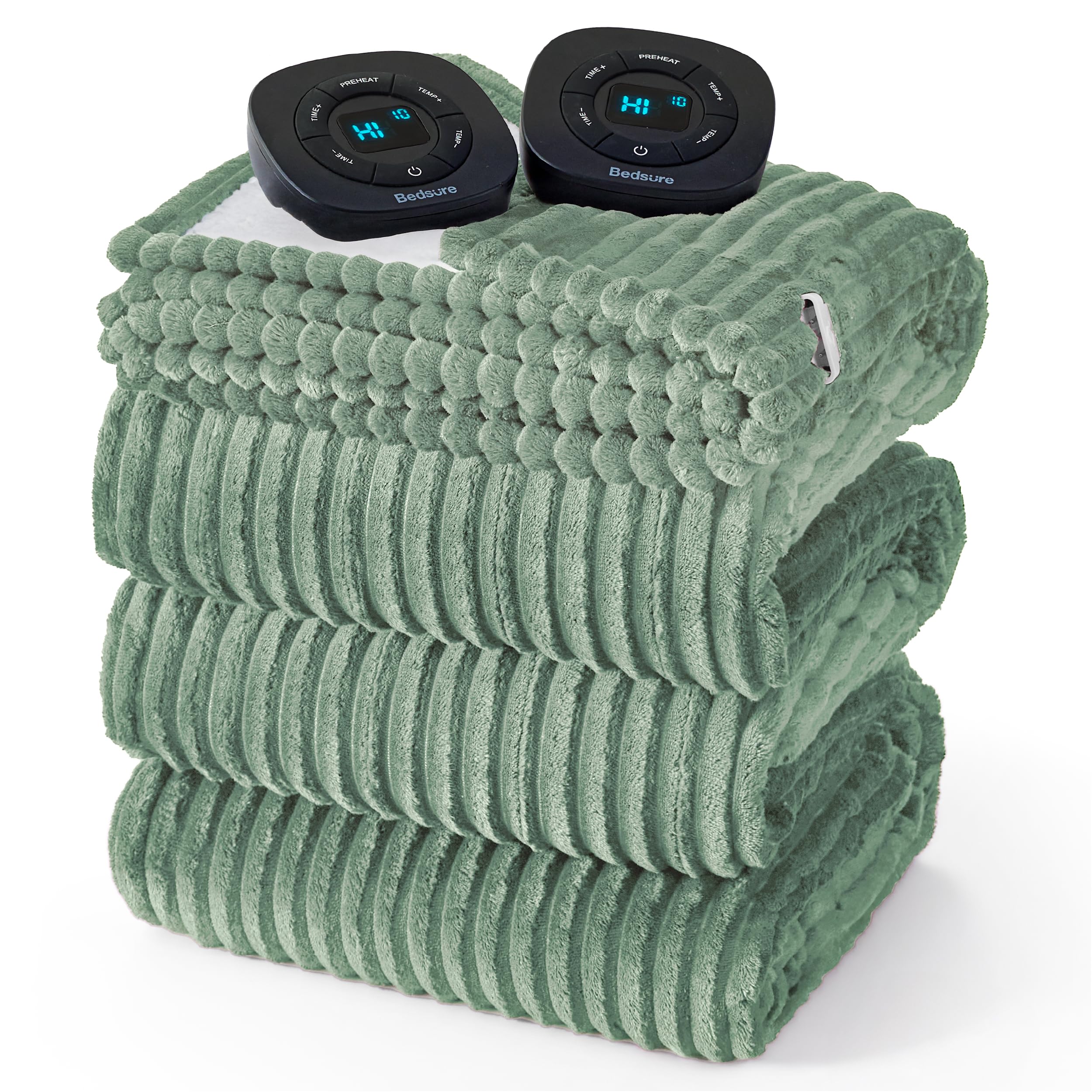 Bedsure Ribbed Electric Blanket King, Heated Blanket Green, Preheat