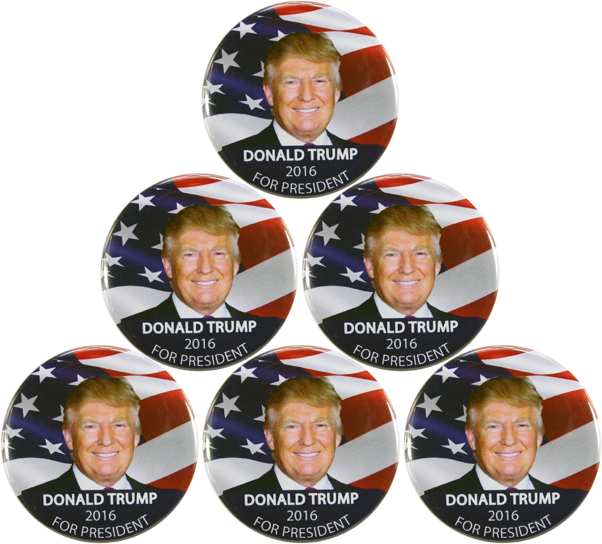 6-pack, 2016 DONALD TRUMP for PRESIDENT CAMPAIGN BUTTONS, 2.25" 6 pieces dtflg, by PASADENA SPORTS - USA