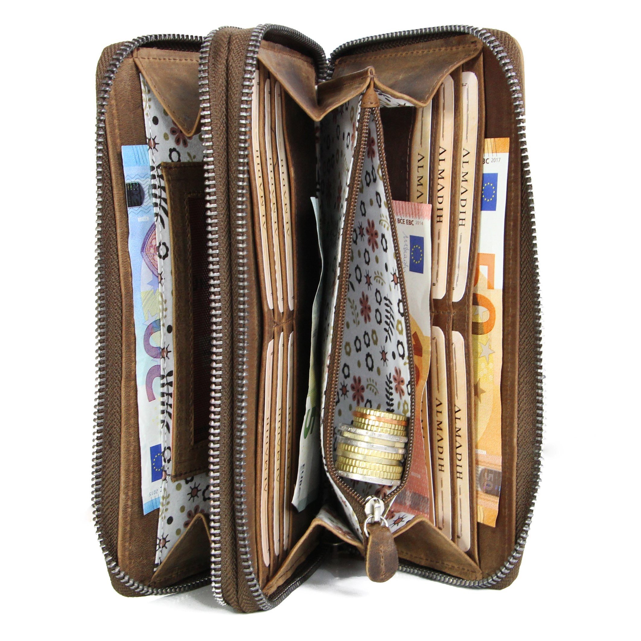 ALMADIH Große Leder Damen Portemonnaie mit Handyfach und Handgelenkschlaufe - Doppelter Reißverschluss, 12 Kartenfächer, RFID Schutz, Münzfach - Geldbeutel Geldbörse Brieftasche braun (Giana Vintage)