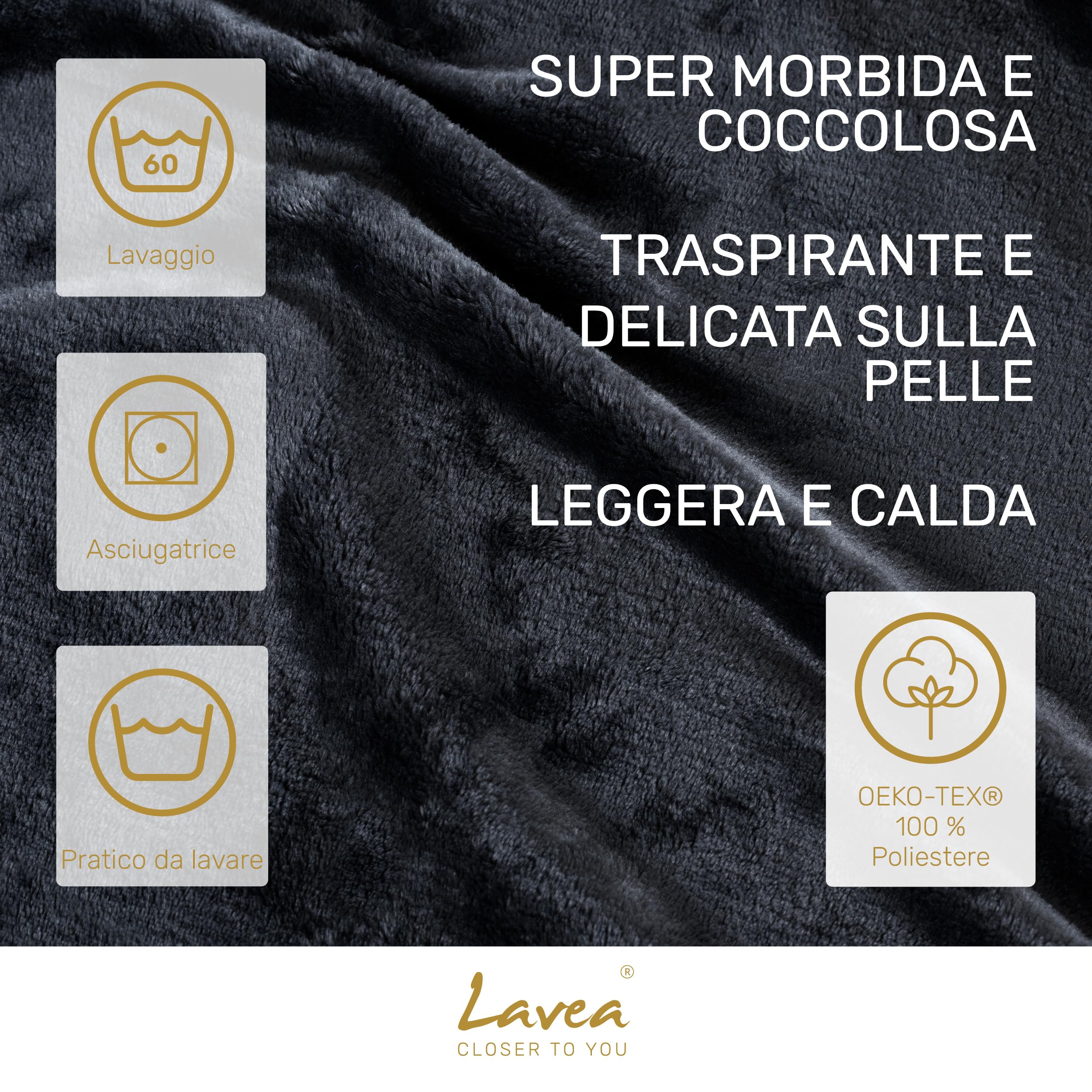 Lavea® Coperta in Pile Matrimoniale 220x240 cm Morbida – Plaid in Microfibra Caldo e Soffice per Divano e Letto, Traspirante e Facile da Lavare – Nero