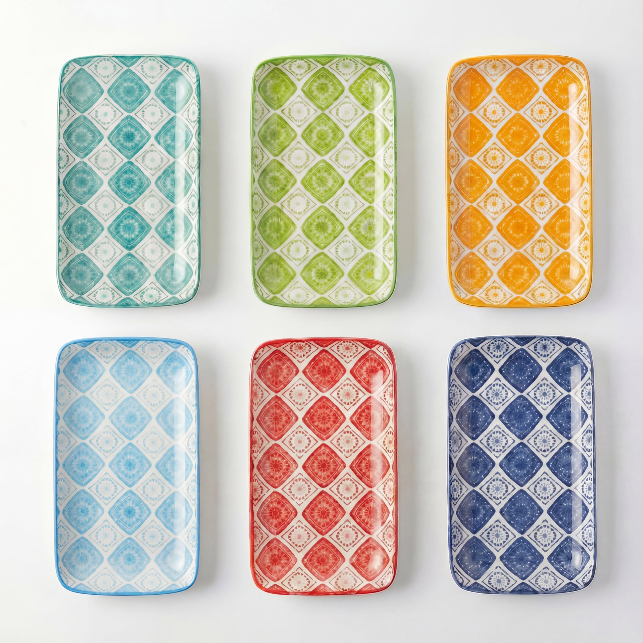 Piatti Servizio Ceramica Piatto Rettangolari - Set Piatti Colorati Design Porcellana - Piccoli Piatti Dessert | Sushi | Aperitivo | Dolce - Adatto per Microonde e Lavastoviglie - 20 x 11 cm - Set da 6